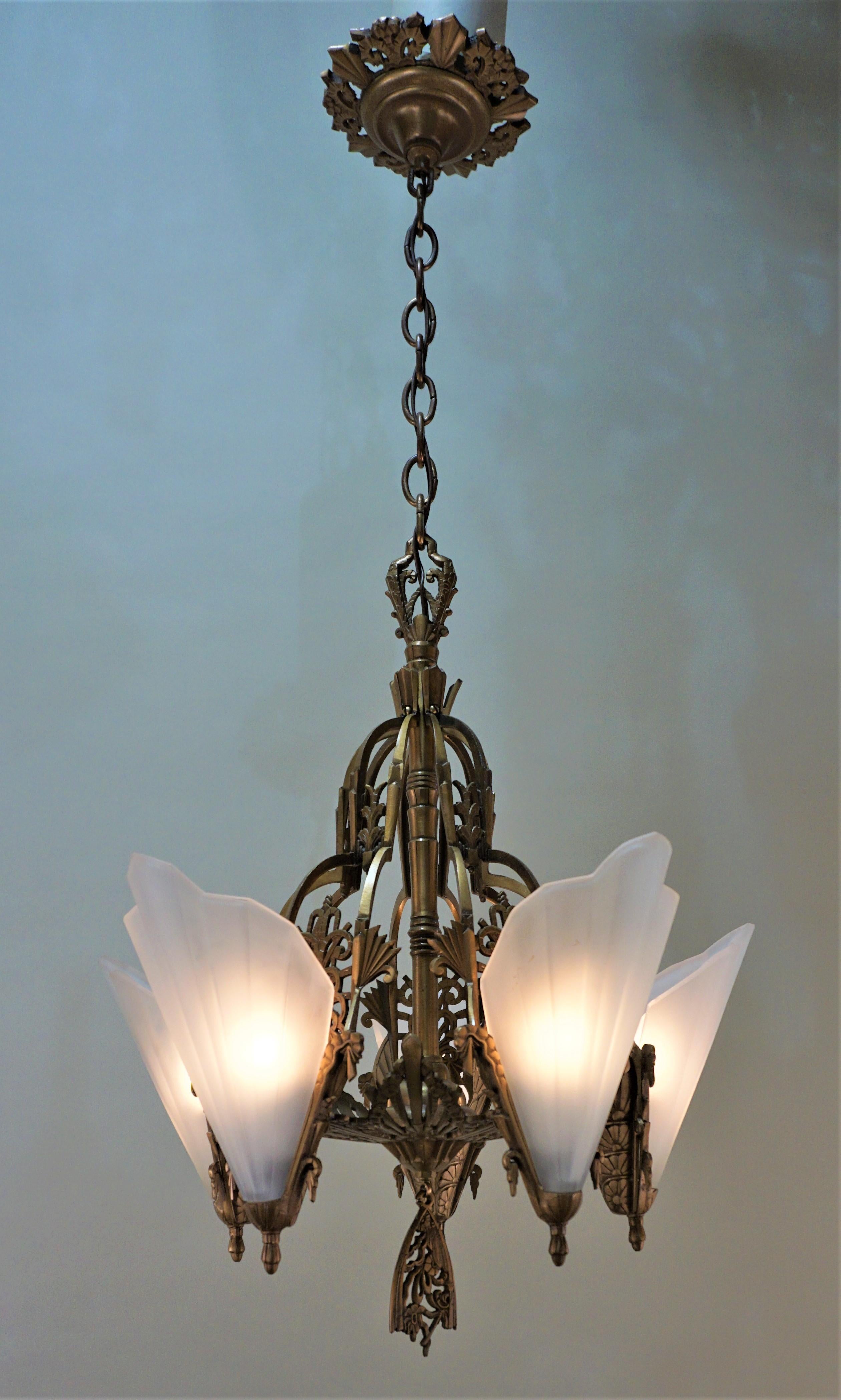 American Art Deco Bronze and Glass Chandelier by Midwest Mfg. Co In Good Condition In Fairfax, VA