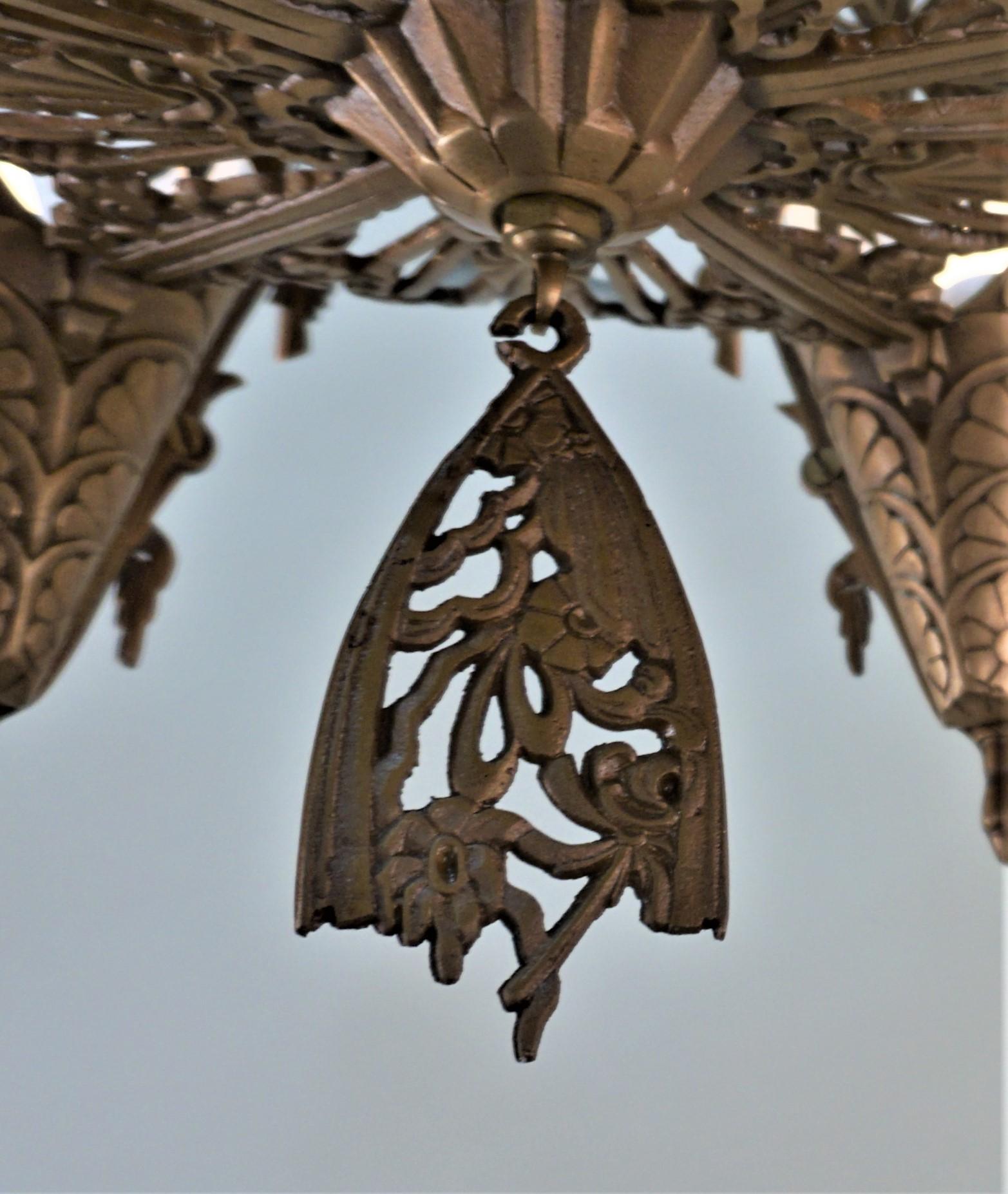 American Art Deco Bronze and Glass Chandelier by Midwest Mfg. Co 1