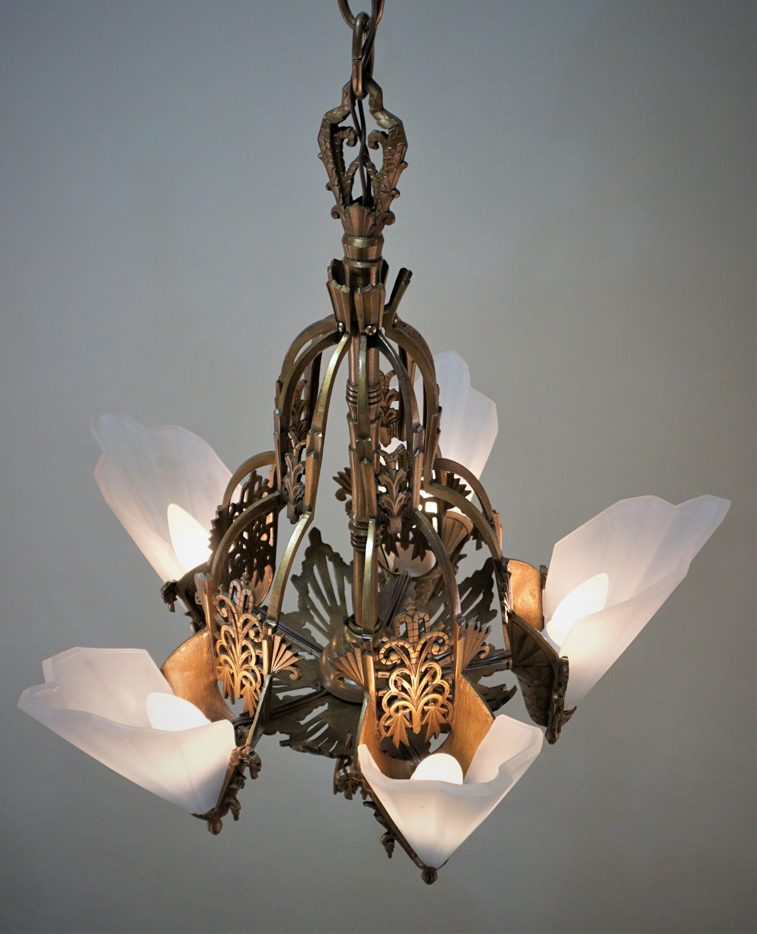 American Art Deco Bronze and Glass Chandelier by Midwest Mfg. Co 3