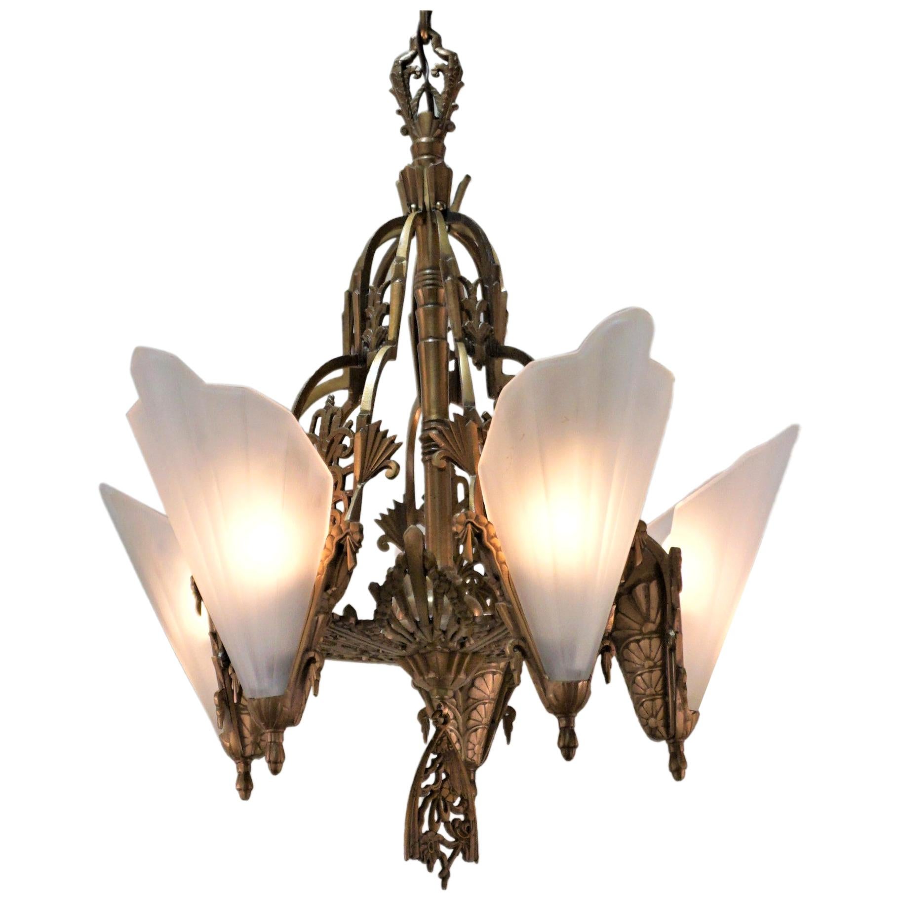American Art Deco Bronze and Glass Chandelier by Midwest Mfg. Co