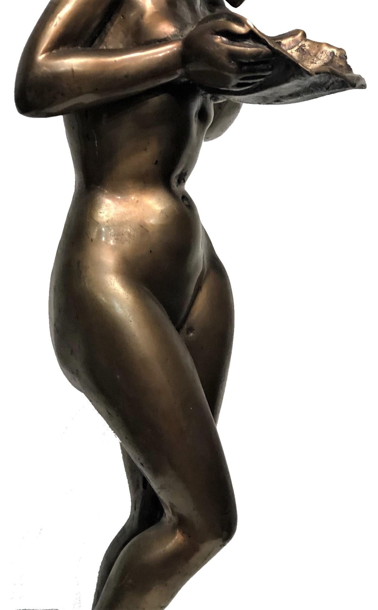 American Art Deco Bronze Sculpture of a Nude Woman w/ Sea Shell, ca. 1920s For Sale 2