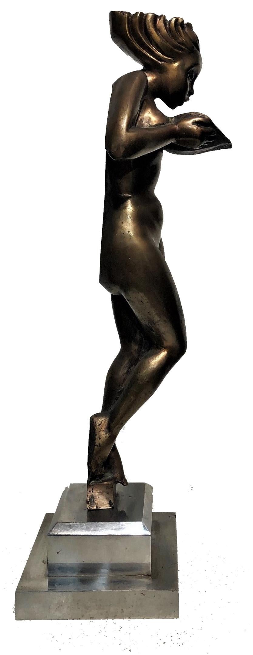 American Art Deco Bronze Sculpture of a Nude Woman w/ Sea Shell, ca. 1920s For Sale 3