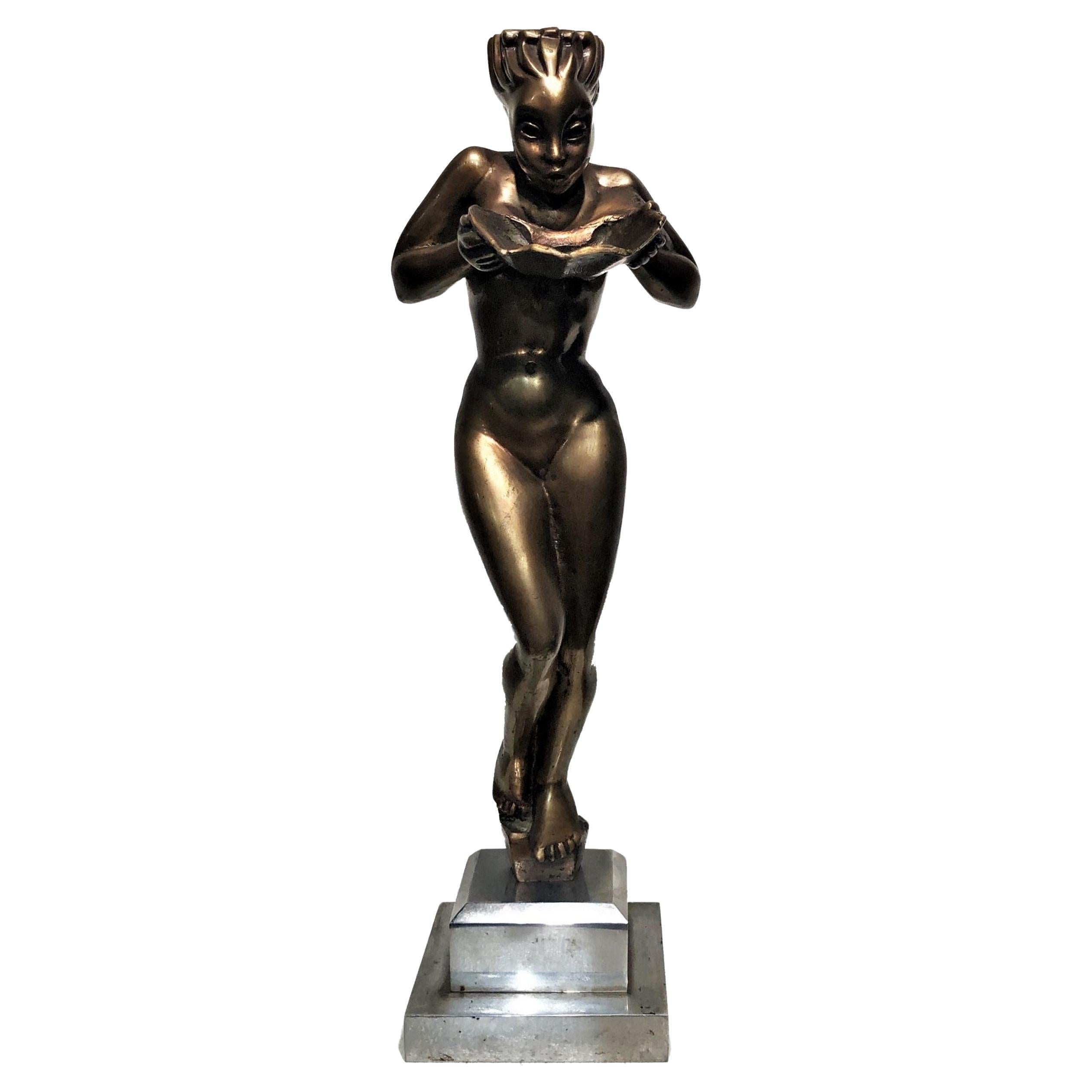 Amerikanische Art-Déco-Bronze-Skulptur einer nackten Frau mit Muschel, ca. 1920er Jahre