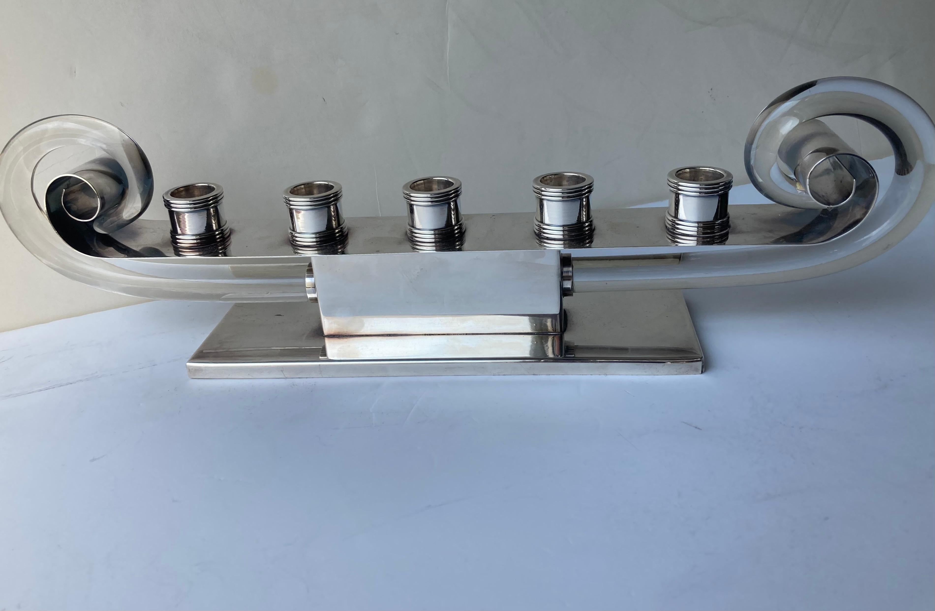Machine-Made American Art Deco candelabra chrome glass  attributed to James Amster . For Sale