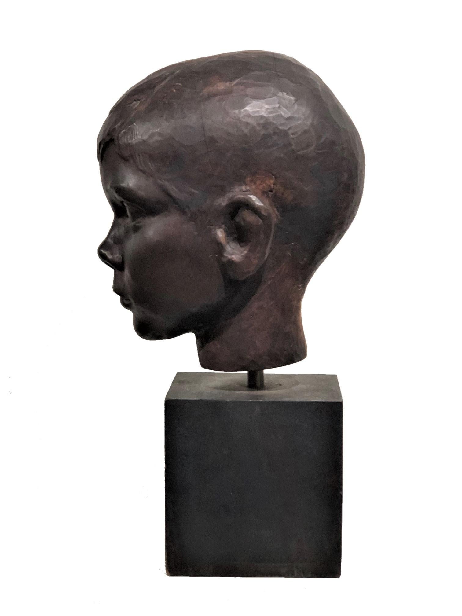 American Art Deco Carved Ebonized Wood Head Bust of a Young Boy, ca. 1940s For Sale 2