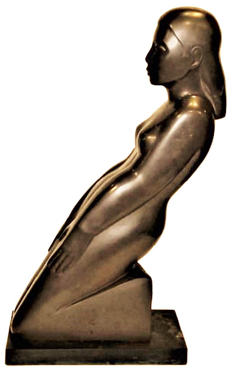 American Art Deco Carved Slate Nude Kneeling Woman Sculpture, ca. 1920 For Sale 3