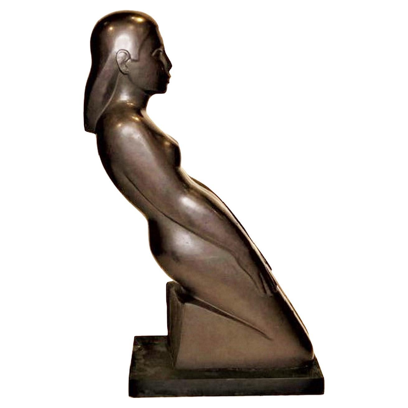 American Art Deco Carved Slate Nude Kneeling Woman Sculpture, ca. 1920 For Sale