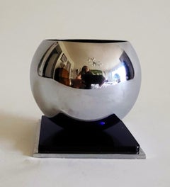 American Art Deco Chrome & Cobalt Glass 3-Piece Candlesticks & Vase Console Set