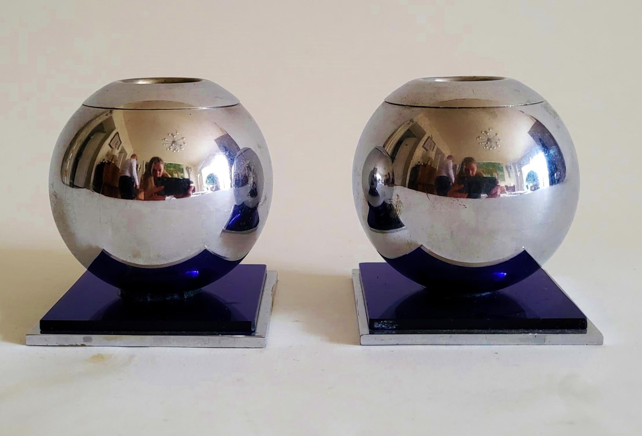 Glazed American Art Deco Chrome & Cobalt Glass 3-Piece Candlesticks & Vase Console Set For Sale