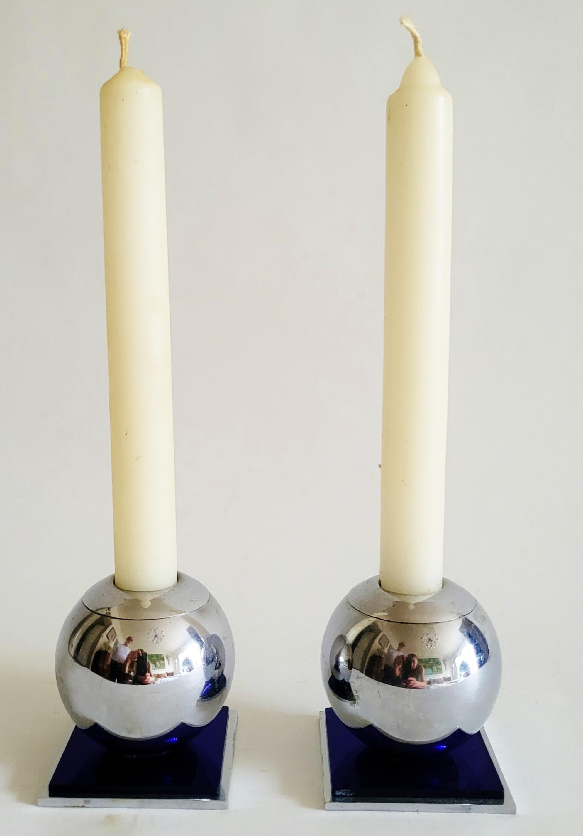 American Art Deco Chrome & Cobalt Glass 3-Piece Candlesticks & Vase Console Set In Good Condition For Sale In Port Hope, ON