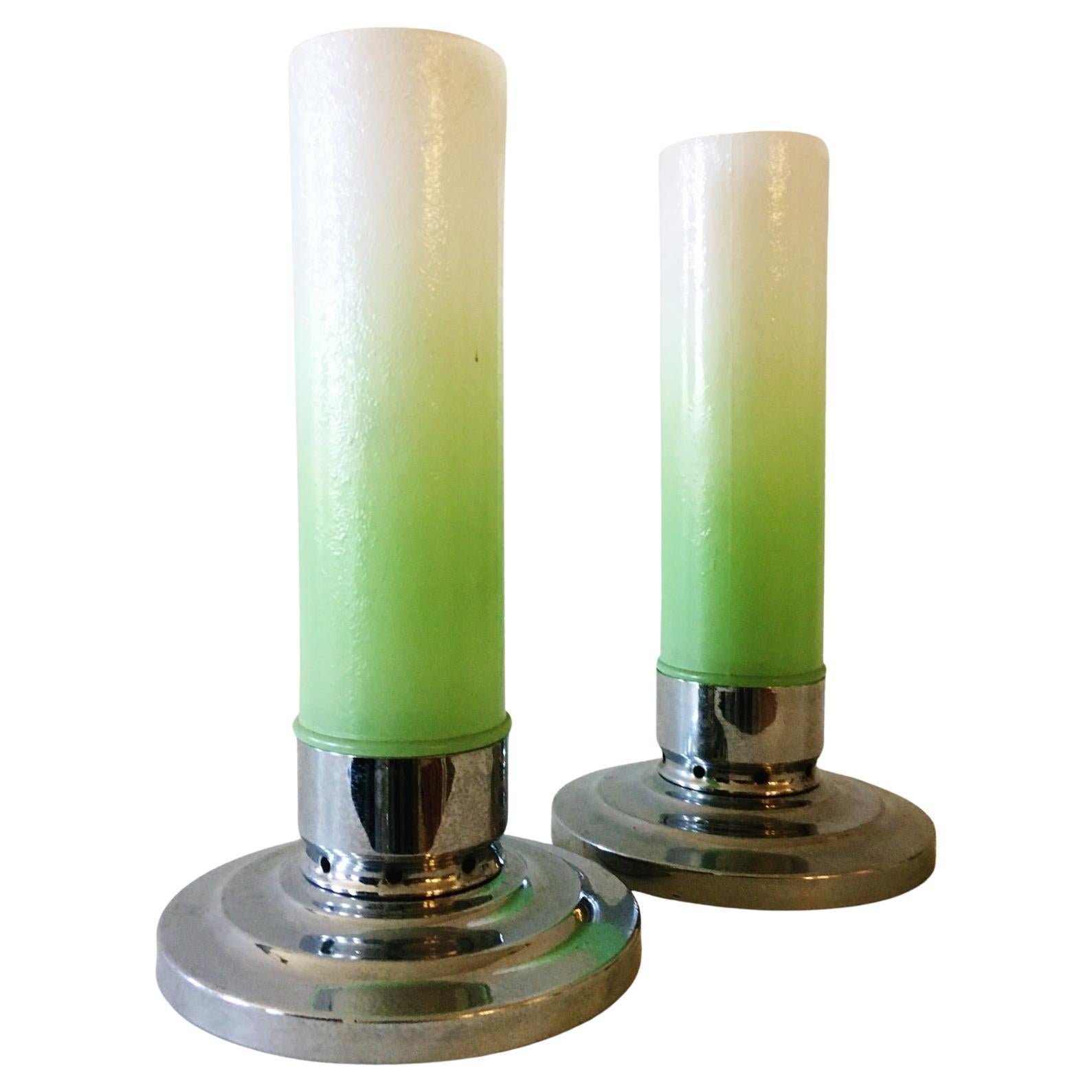 American Art Deco Chrome & Colored Glass Shaded Candle Holders by F.T. Haffner For Sale