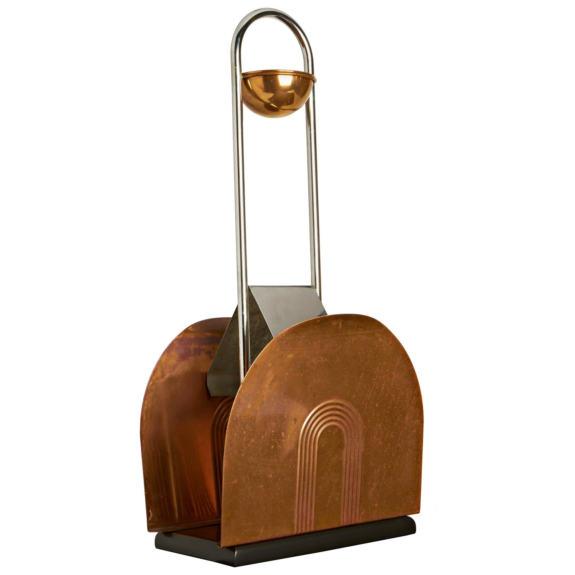 American Art Deco Chrome, Copper & Wood Floor Ashtray/Magazine Rack by Revere