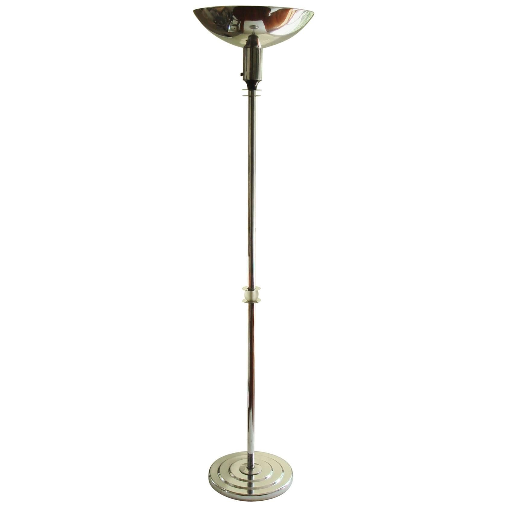 American Art Deco Chrome, Enamel and Frosted Glass Floor Uplighter/Torchiere For Sale