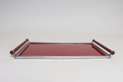 American Art Deco Chrome, Glass, Red Laminate and Painted Wood Tray