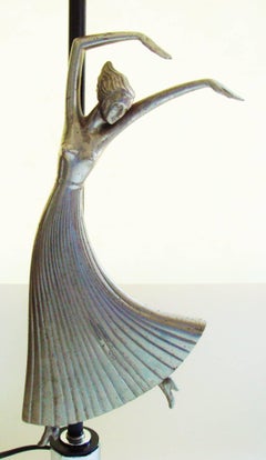 American Art Deco Chrome, Steel, Spelter & Black Accented Figurative Table Lamp