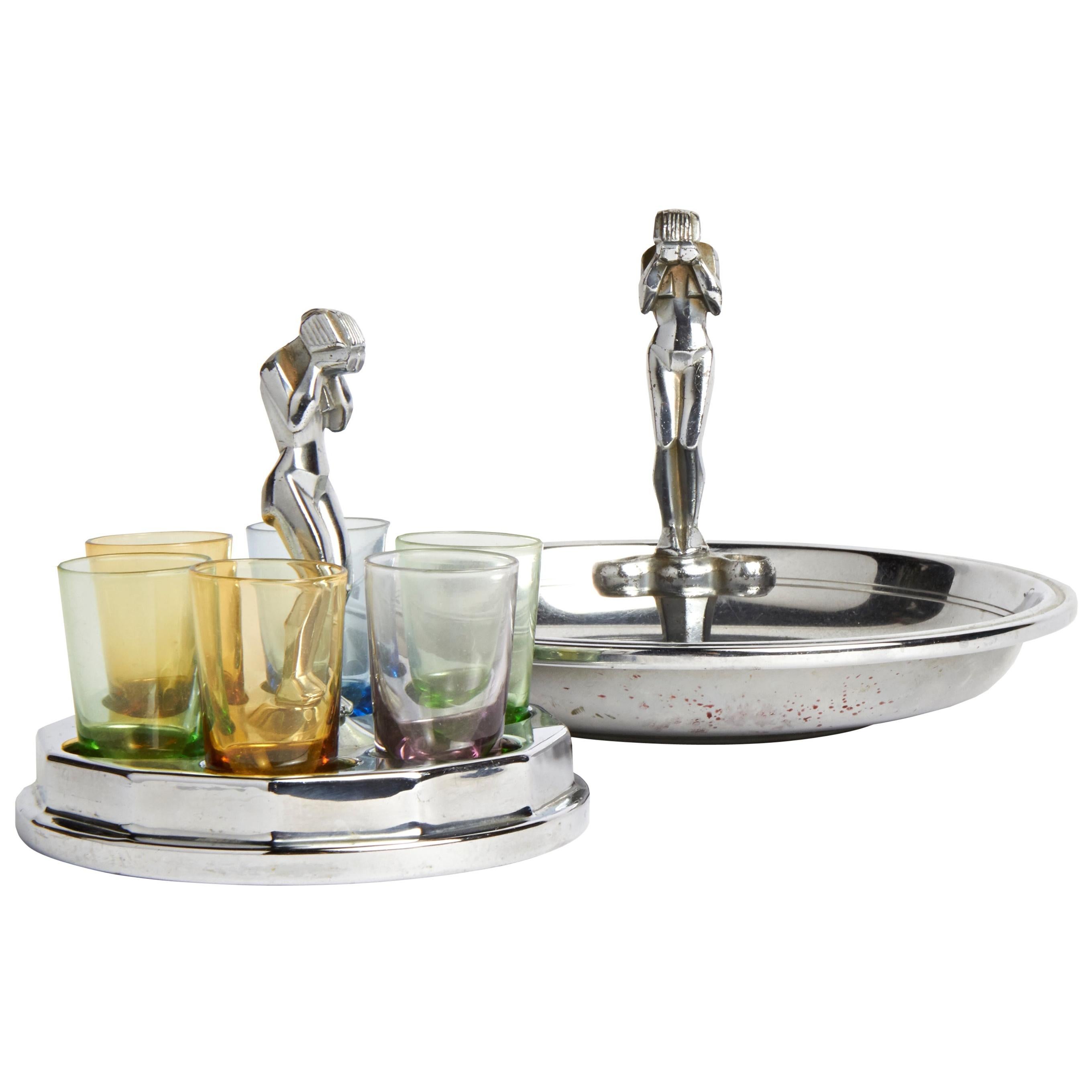 American Art Deco Chrome Weeping Woman Party Ashtray & Liqueur Glass Holder Set For Sale