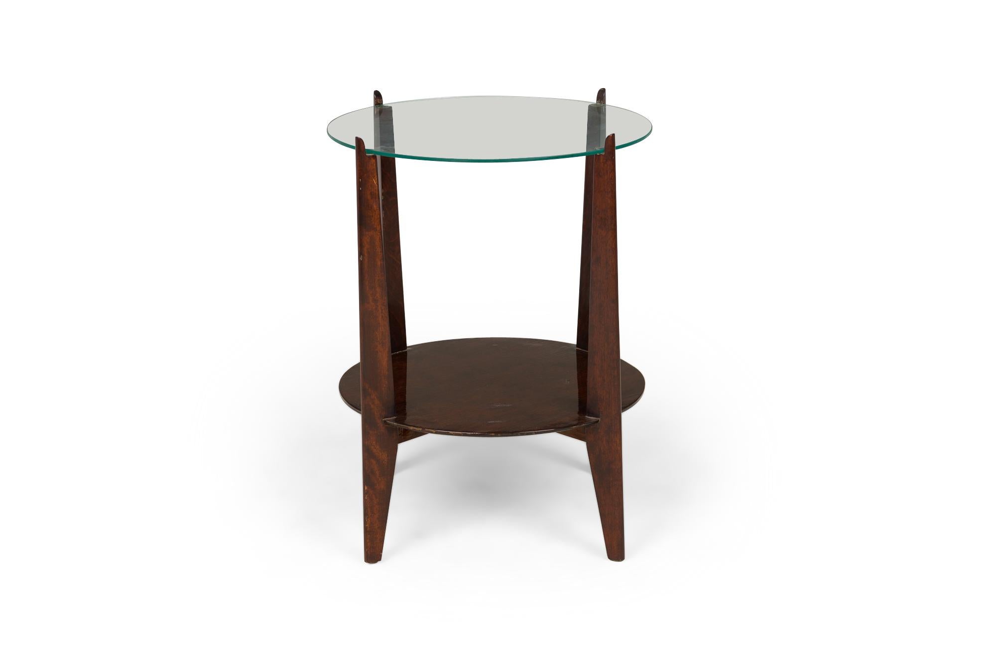 Mesa auxiliar de caoba lacada con tapa circular de cristal Art Decó americano Estadounidense en venta
