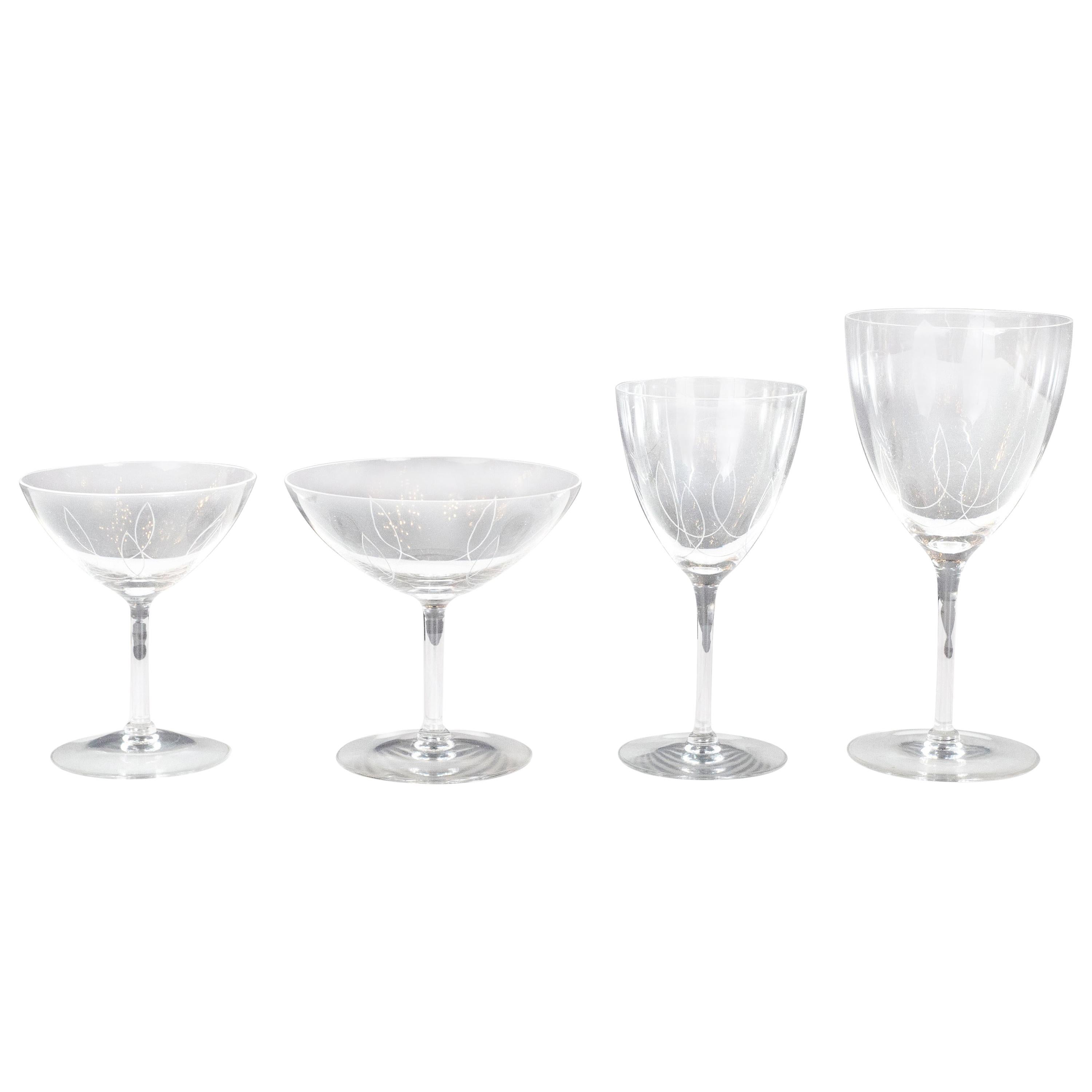 American Art Deco Complete Set of Eight Etched Glasses, 32 Glasses Total