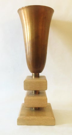 American Art Deco Copper & Limed Wood Geometric Table Torchiere