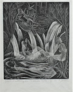 American Art Deco Etching "Girls Bathing" M. E. Groom, 1920s