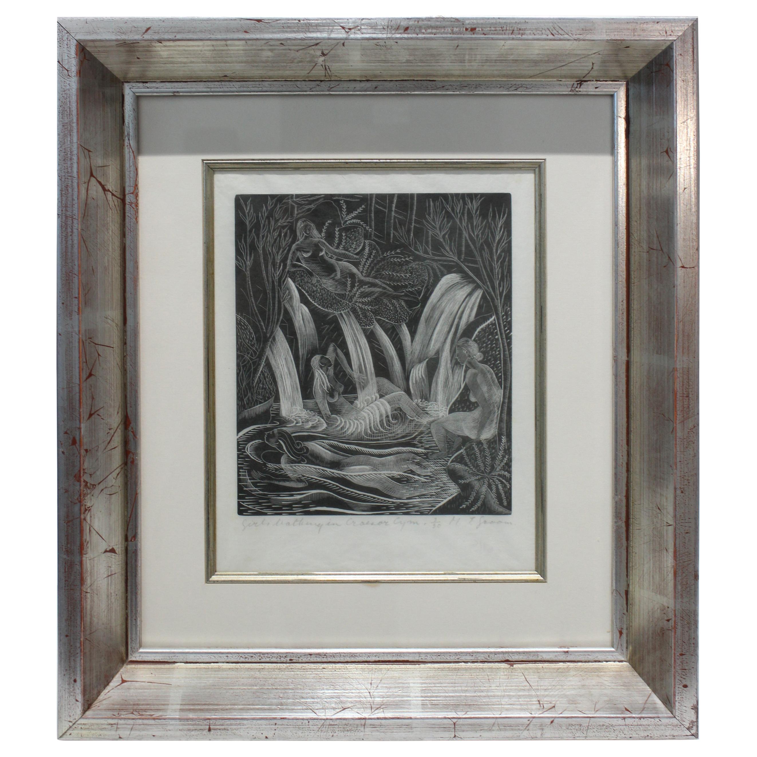 American Art Deco Etching "Girls Bathing" M. E. Groom, 1920s  For Sale