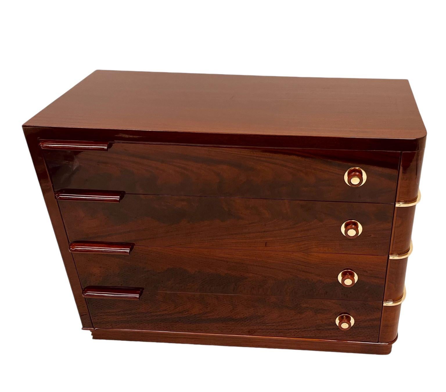 Streamlined Moderne American Art Deco Flame Mahogany Commode With Bakelite And Brass Hardware C.1930