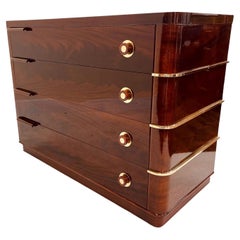 American Art Deco Flame Mahogany Commode With Bakelite And Brass Hardware C.1930