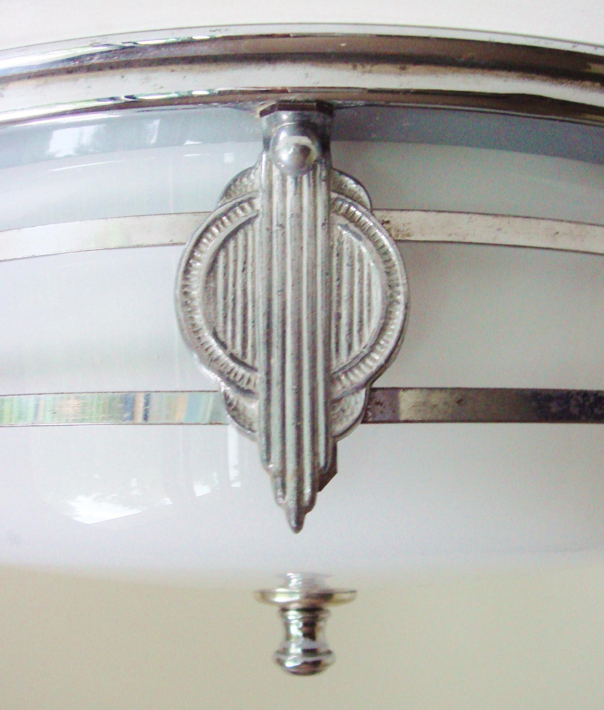 Molded American Art Deco Flush Mount Ceiling Lamp with Decorative Chrome Cage & Finial