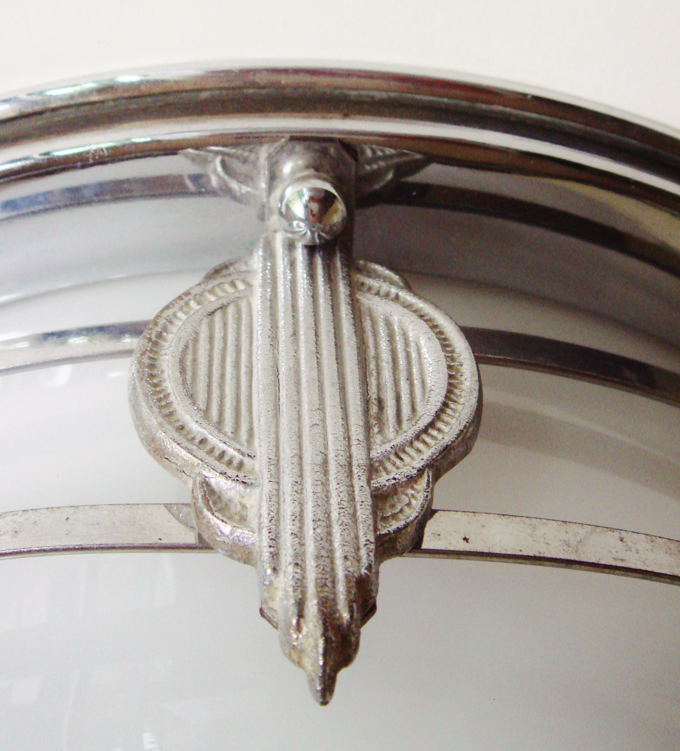 Milk Glass American Art Deco Flush Mount Ceiling Lamp with Decorative Chrome Cage & Finial