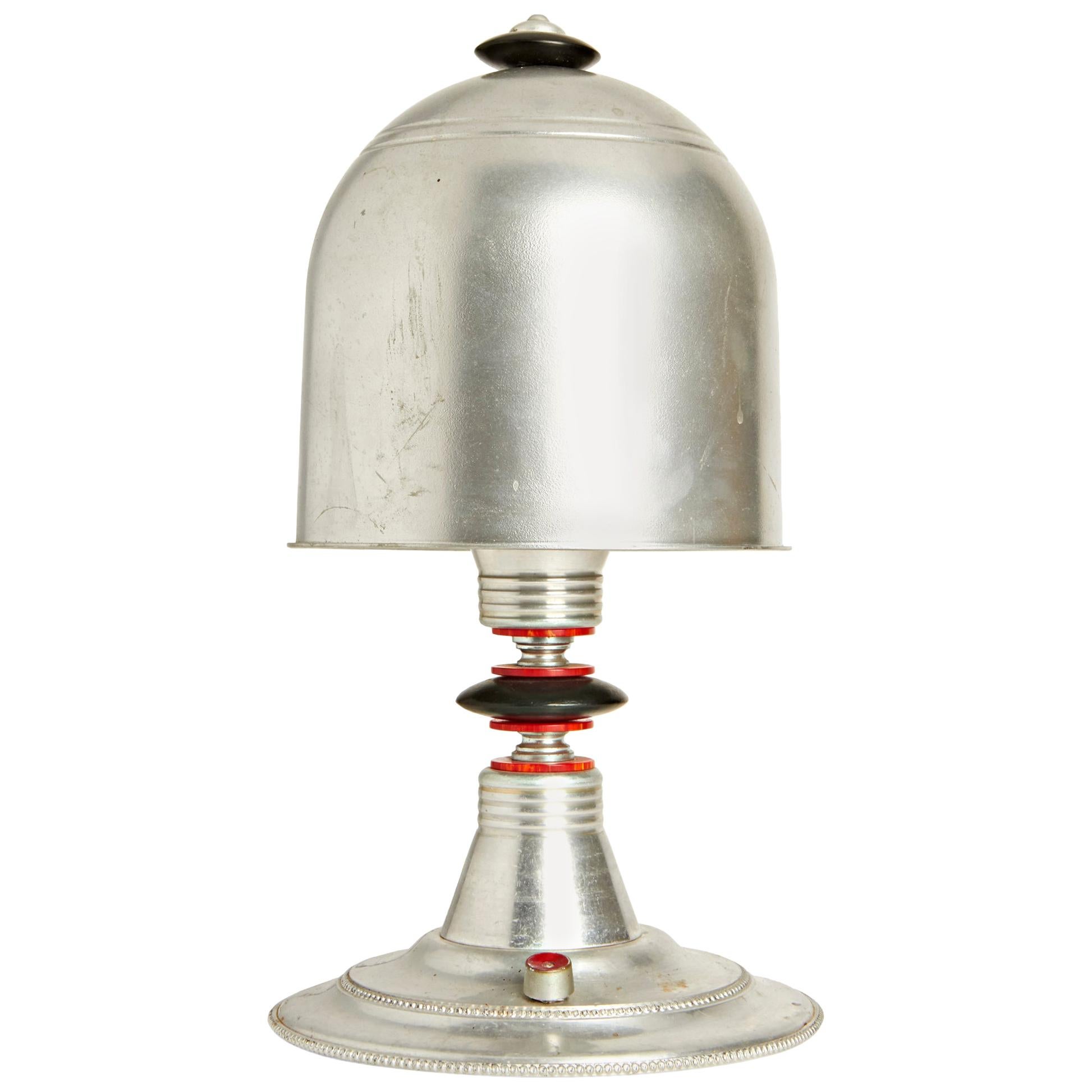 American Art Deco/Folk Art Aluminum, Bakelite and Black Painted Wood Table Lamp For Sale