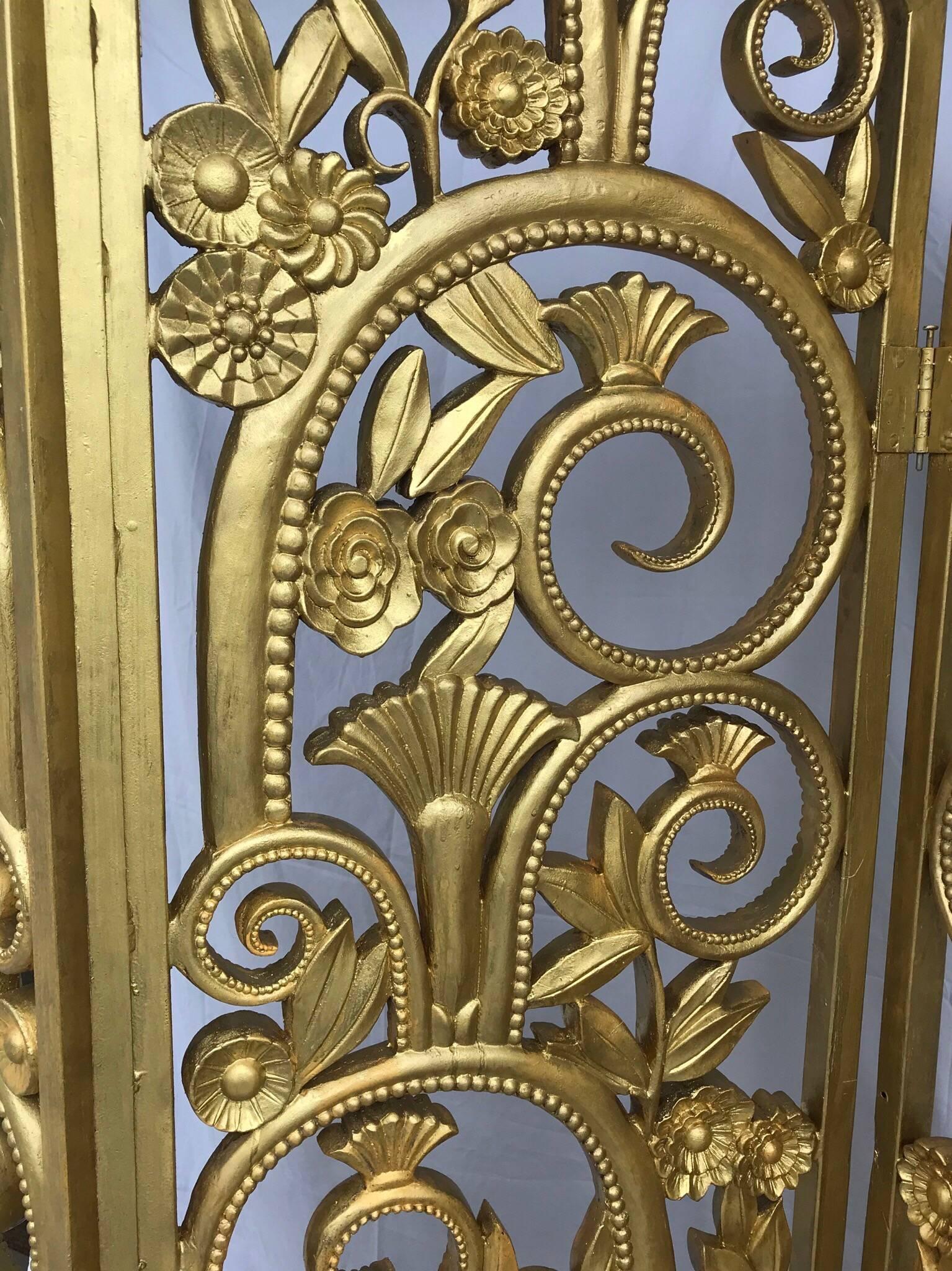 American Art Deco Four-Panel Gilded Metal and Composite Room Divider In Good Condition For Sale In Miami, FL