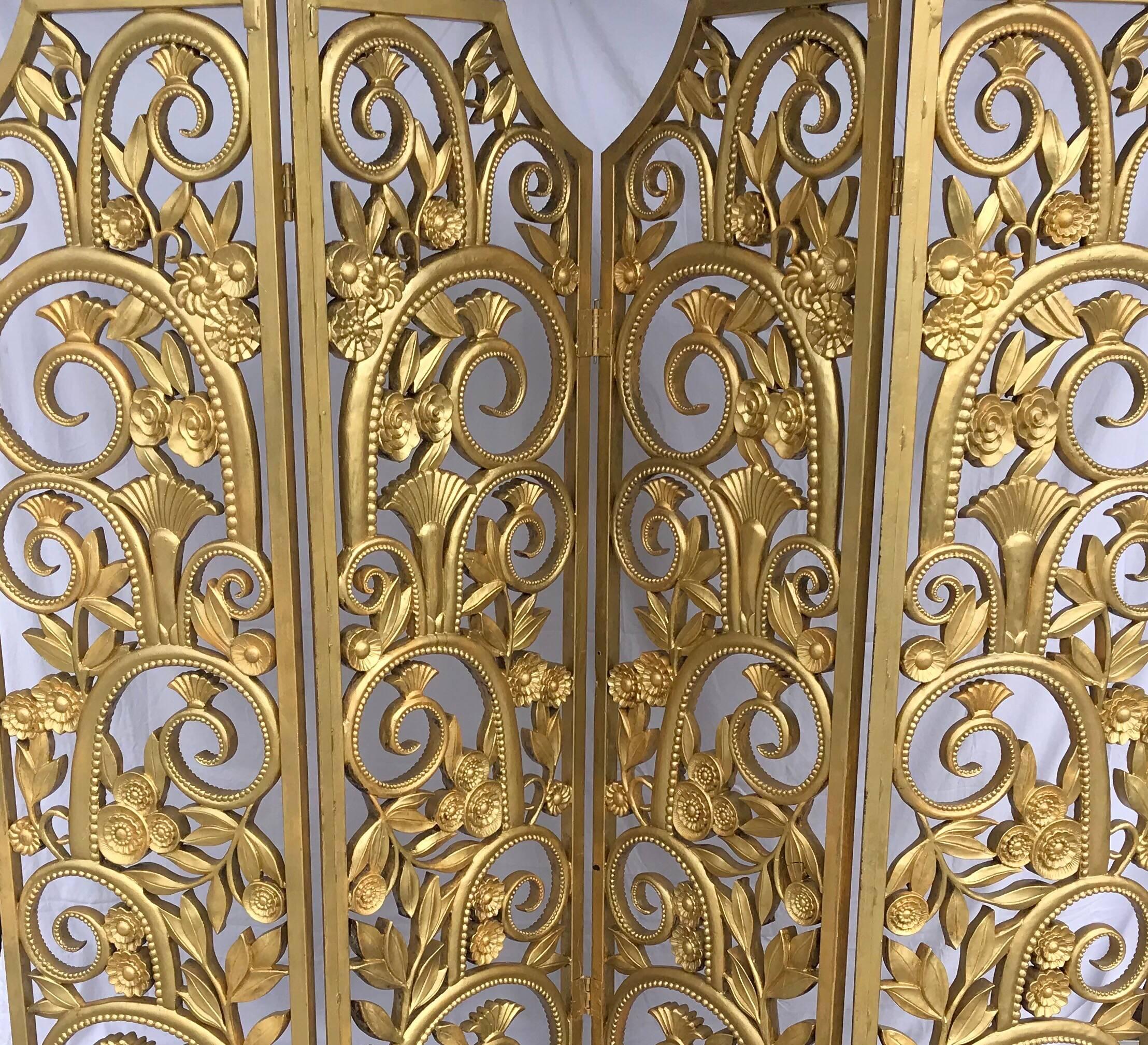 20th Century American Art Deco Four-Panel Gilded Metal and Composite Room Divider For Sale