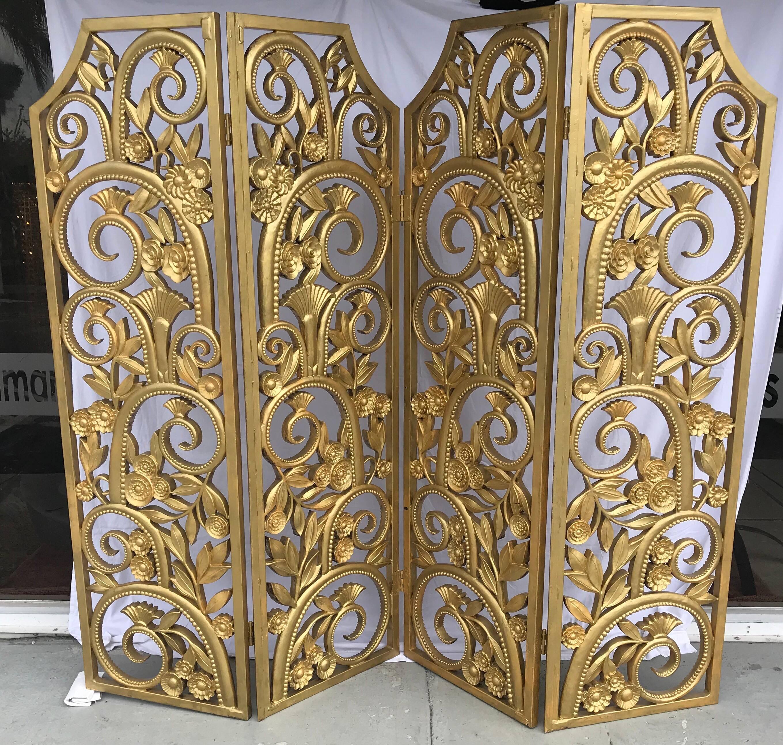 American Art Deco Four-Panel Gilded Metal and Composite Room Divider For Sale 2