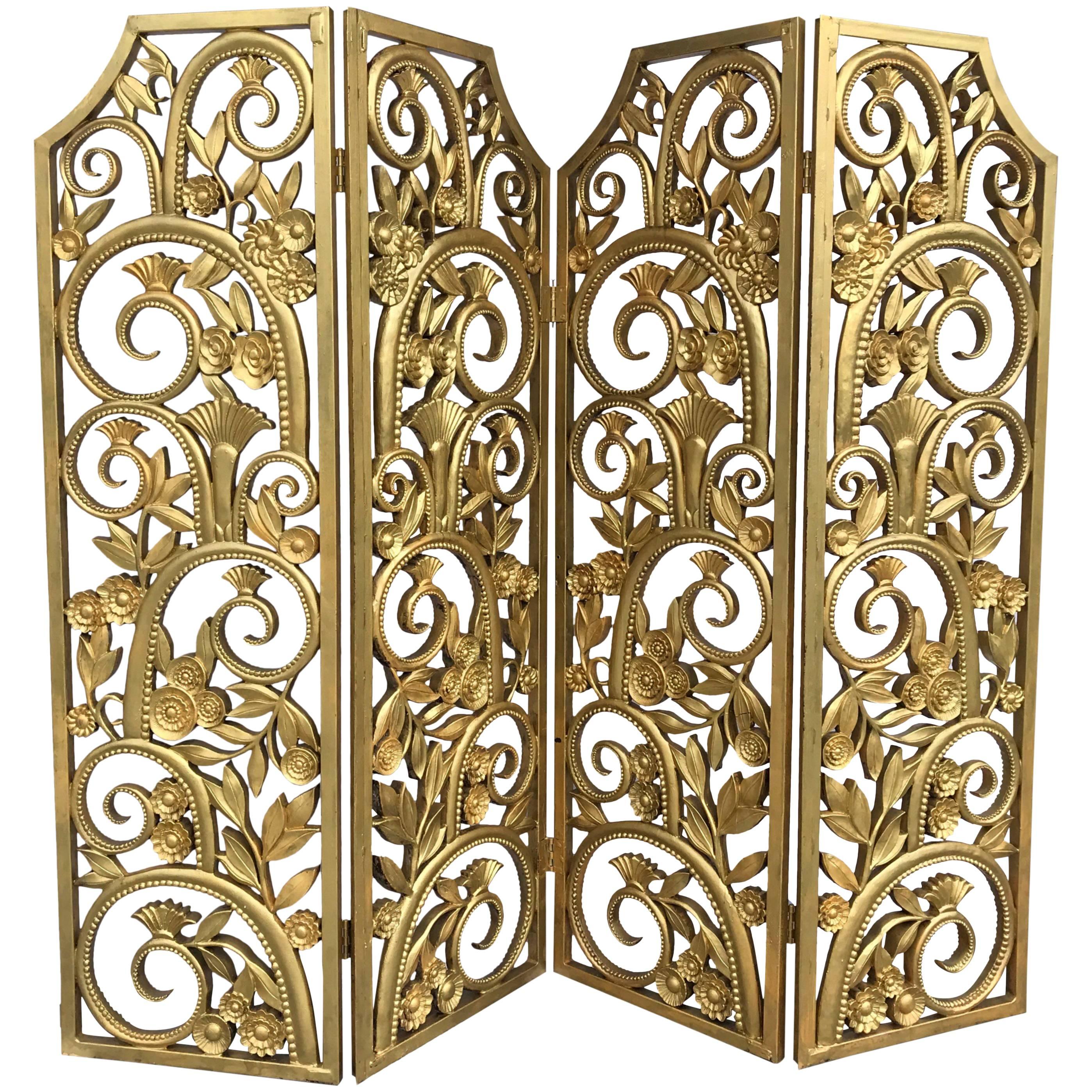 American Art Deco Four-Panel Gilded Metal and Composite Room Divider For Sale