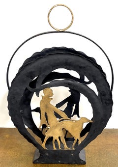 American Art Deco Gilt Iron Flapper Walking Dog Vignette Magazine Rack