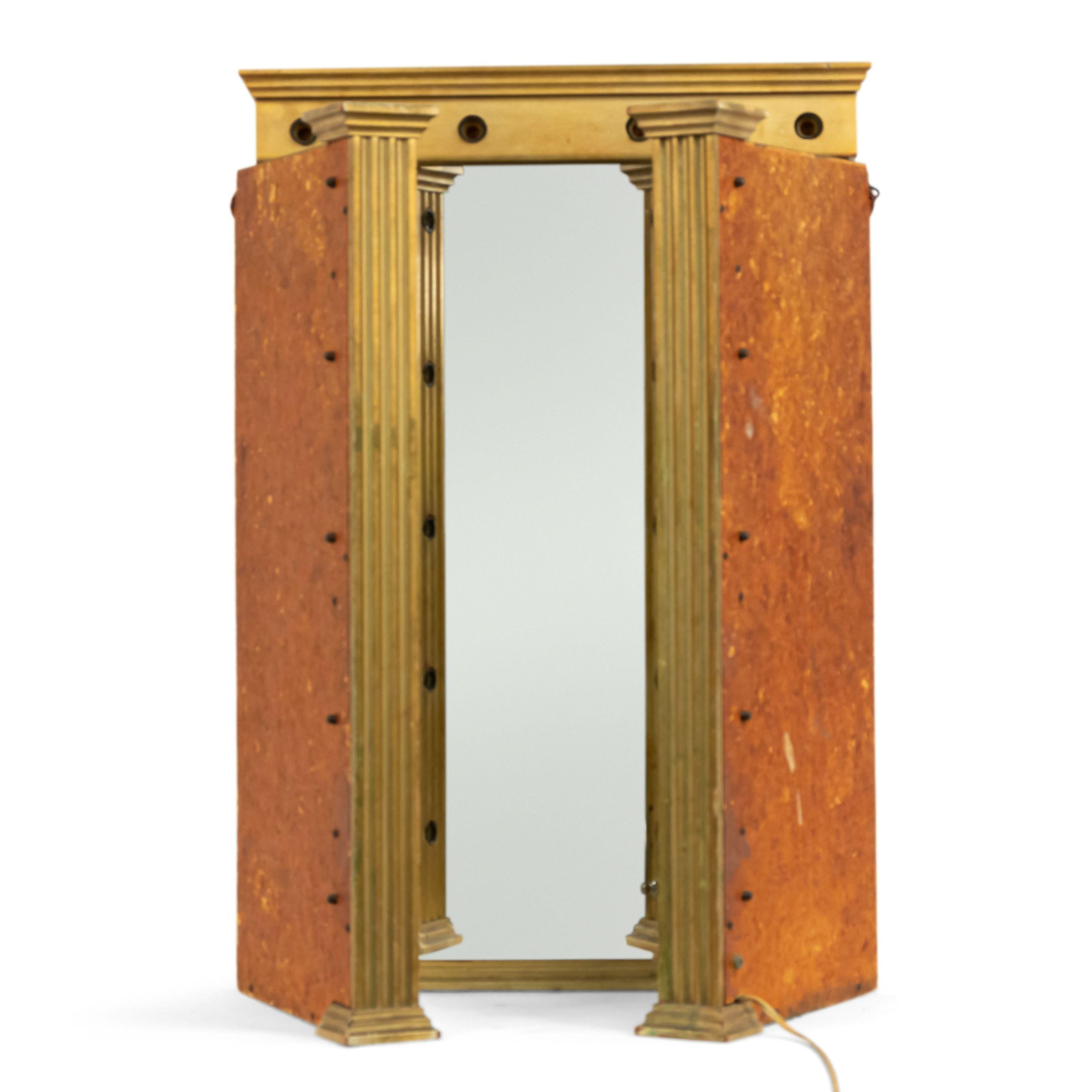 American Art Deco (1920s) giltwood three-section triptych dressing table / vanity mirror with fluted sides fitted for electricity.