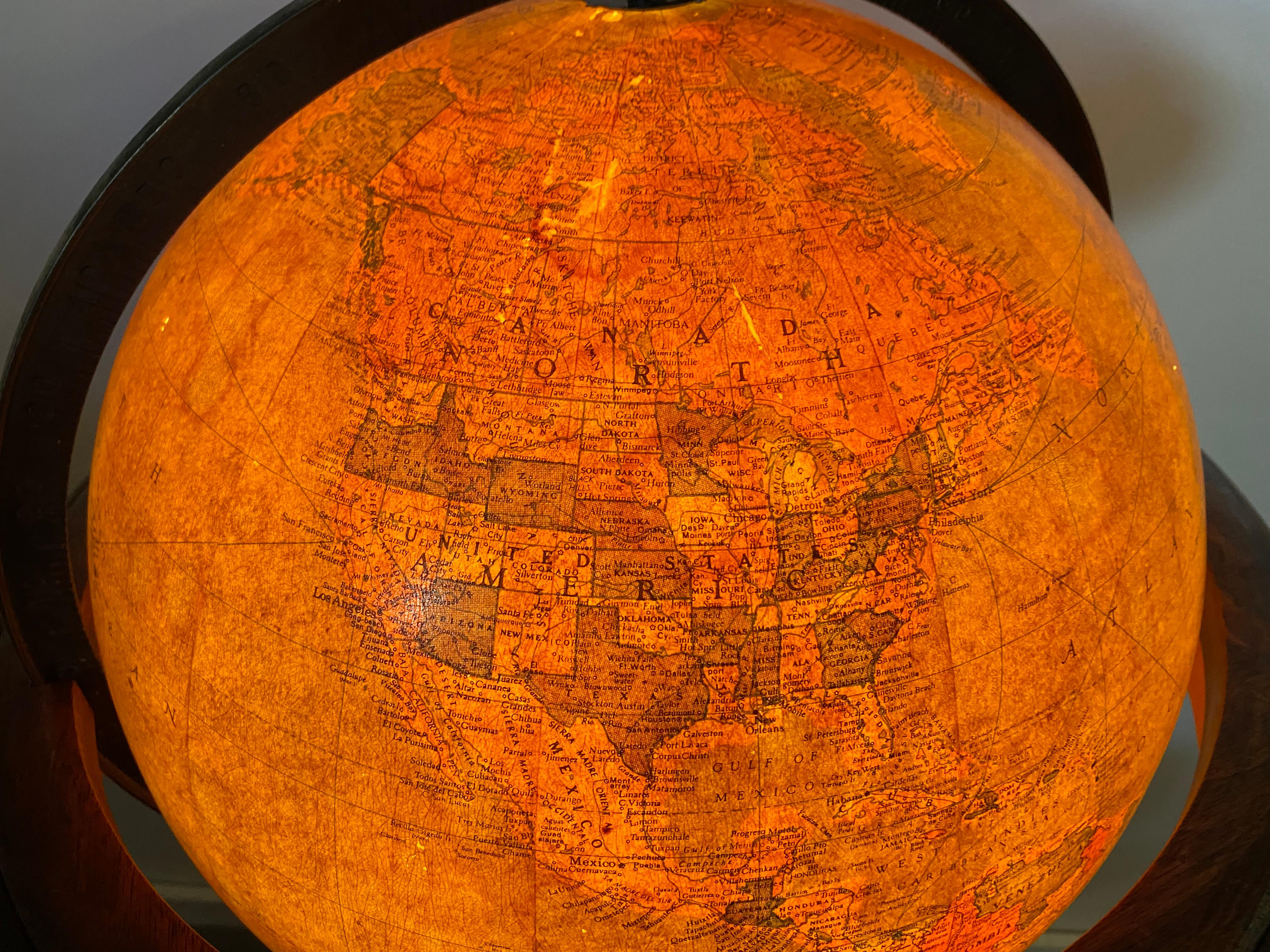 American Art Deco Globe of the World with an Internal Light, Glass and Walnut In Good Condition In Buffalo, NY