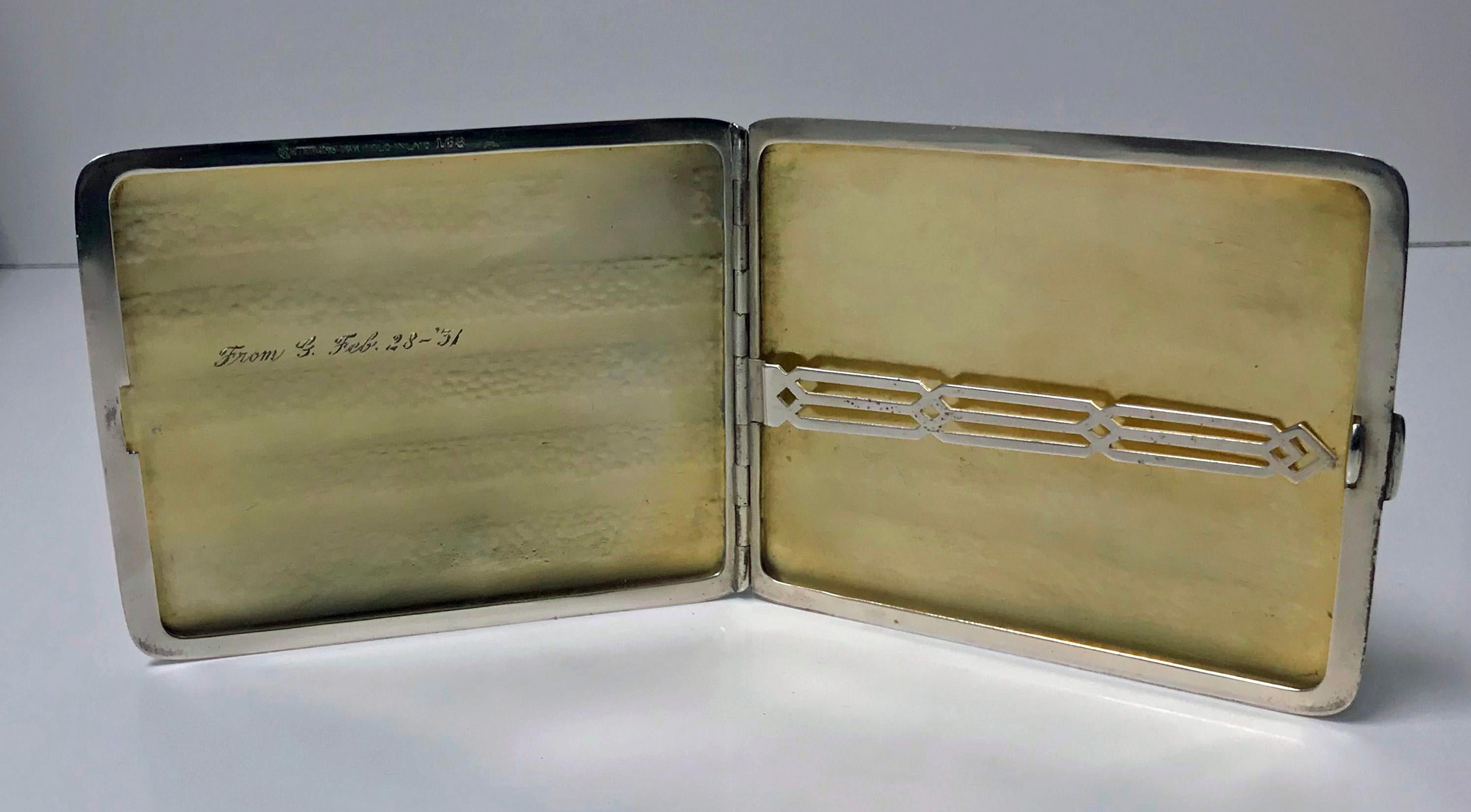 American Art Deco 14K and Sterling Silver Cigarette Case, Watrous Mfg Silver Co mark for CW Wallingford, CT and numbered 168. Rectangular slightly concave form hammered panels of sterling interspace with 14K pink gold inlaid bands. Interior gilded