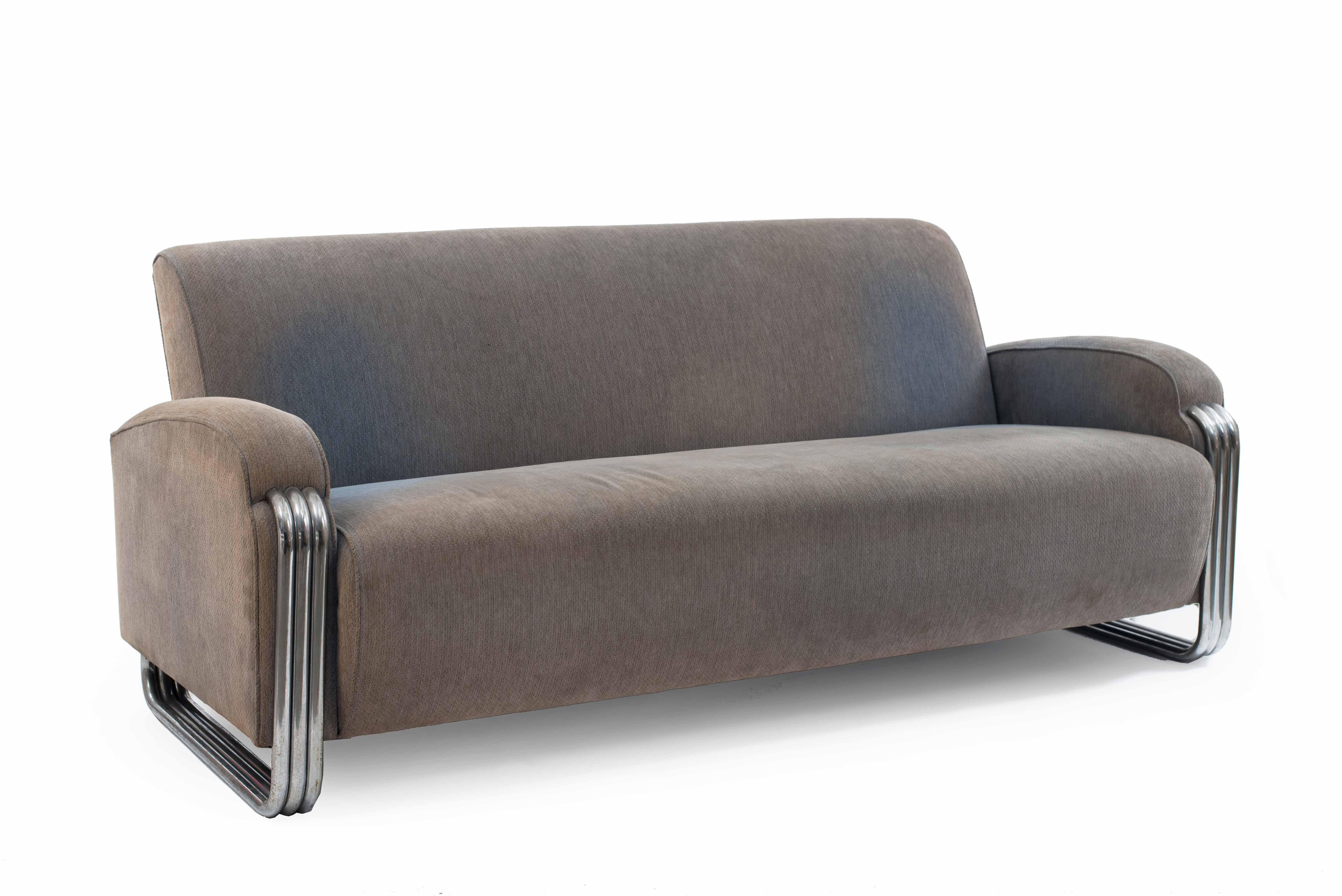 American Art Deco three-seat sofa with gray/blue upholstery and chrome accents (att; KEM WEBER).