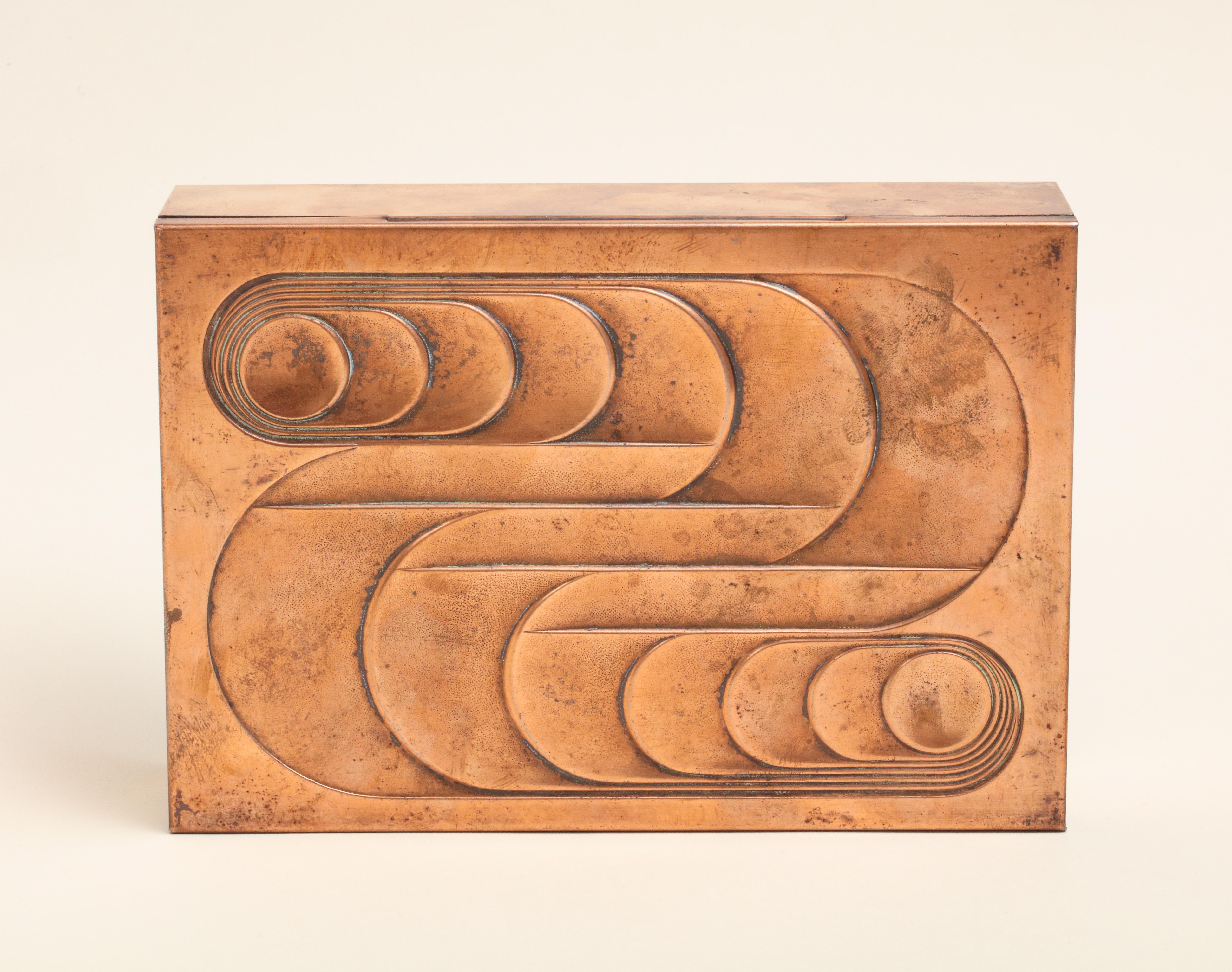 American Art Deco Hinged Copper Box with Geometric Design 4