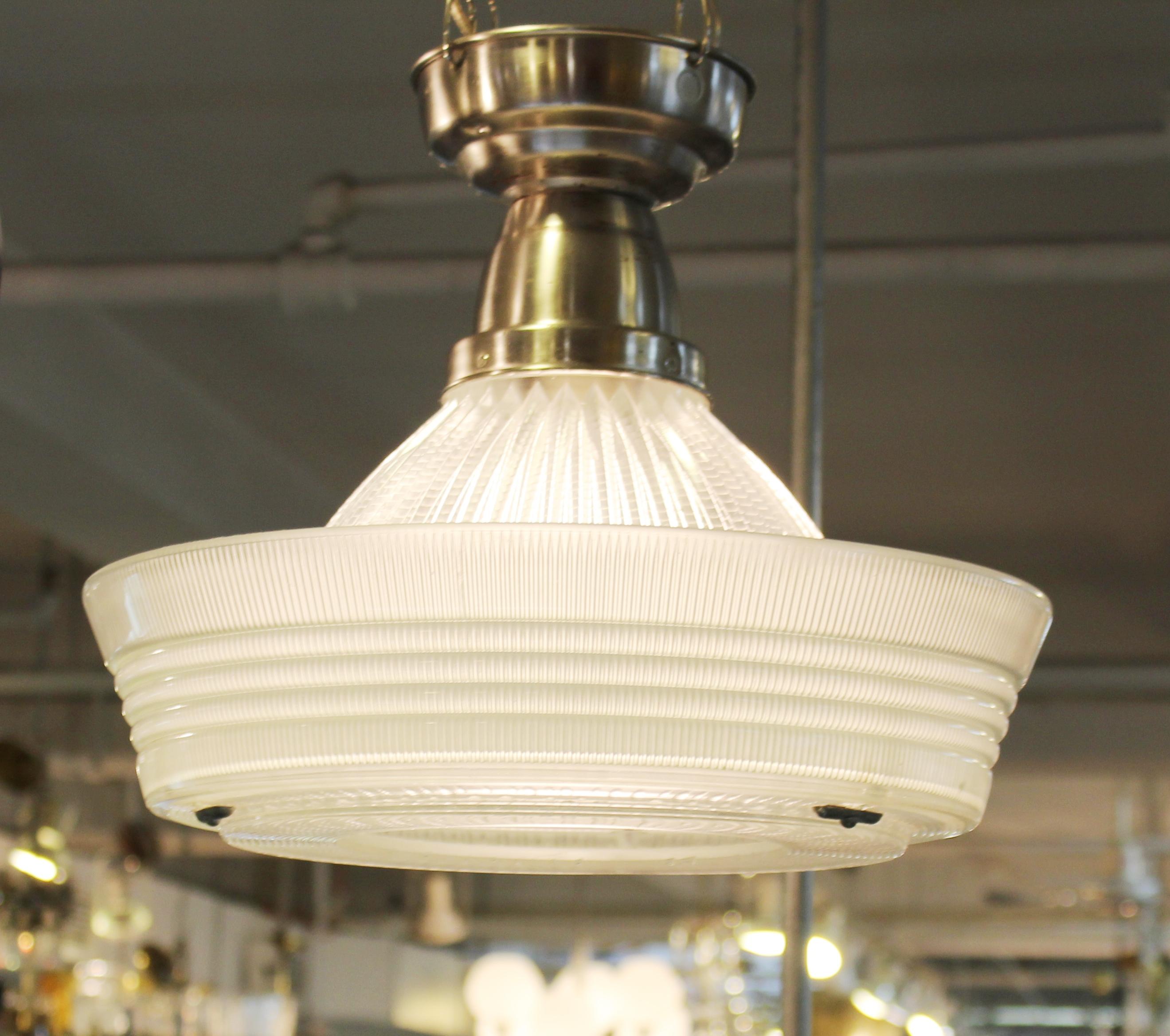 Mid-20th Century American Art Deco Industrial Pendants with Sailor Hat Holophane Shades