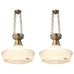 American Art Deco Industrial Pendants with Sailor Hat Holophane Shades
