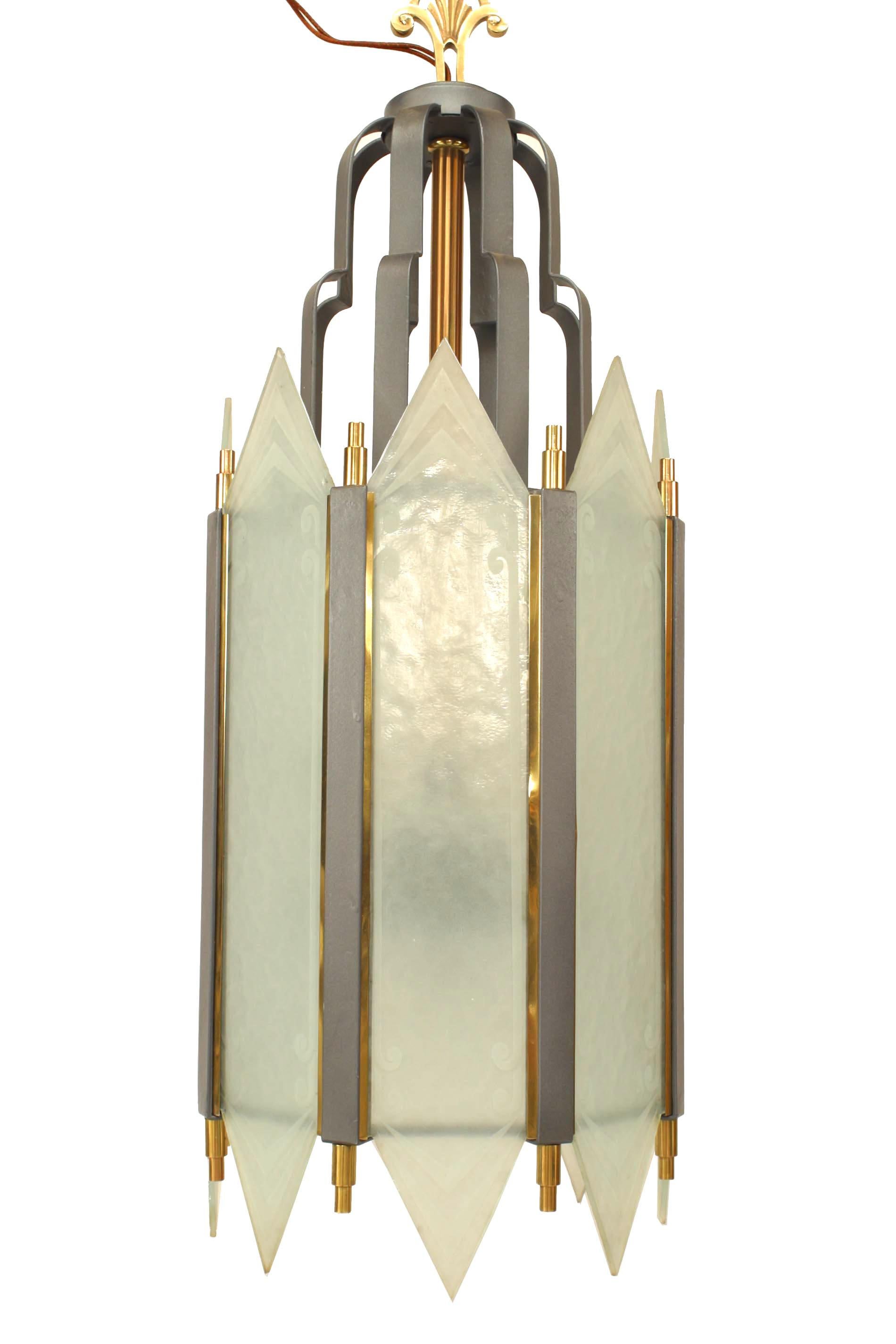 American Art Deco Iron and Frosted Glass Chandelier In Good Condition For Sale In New York, NY