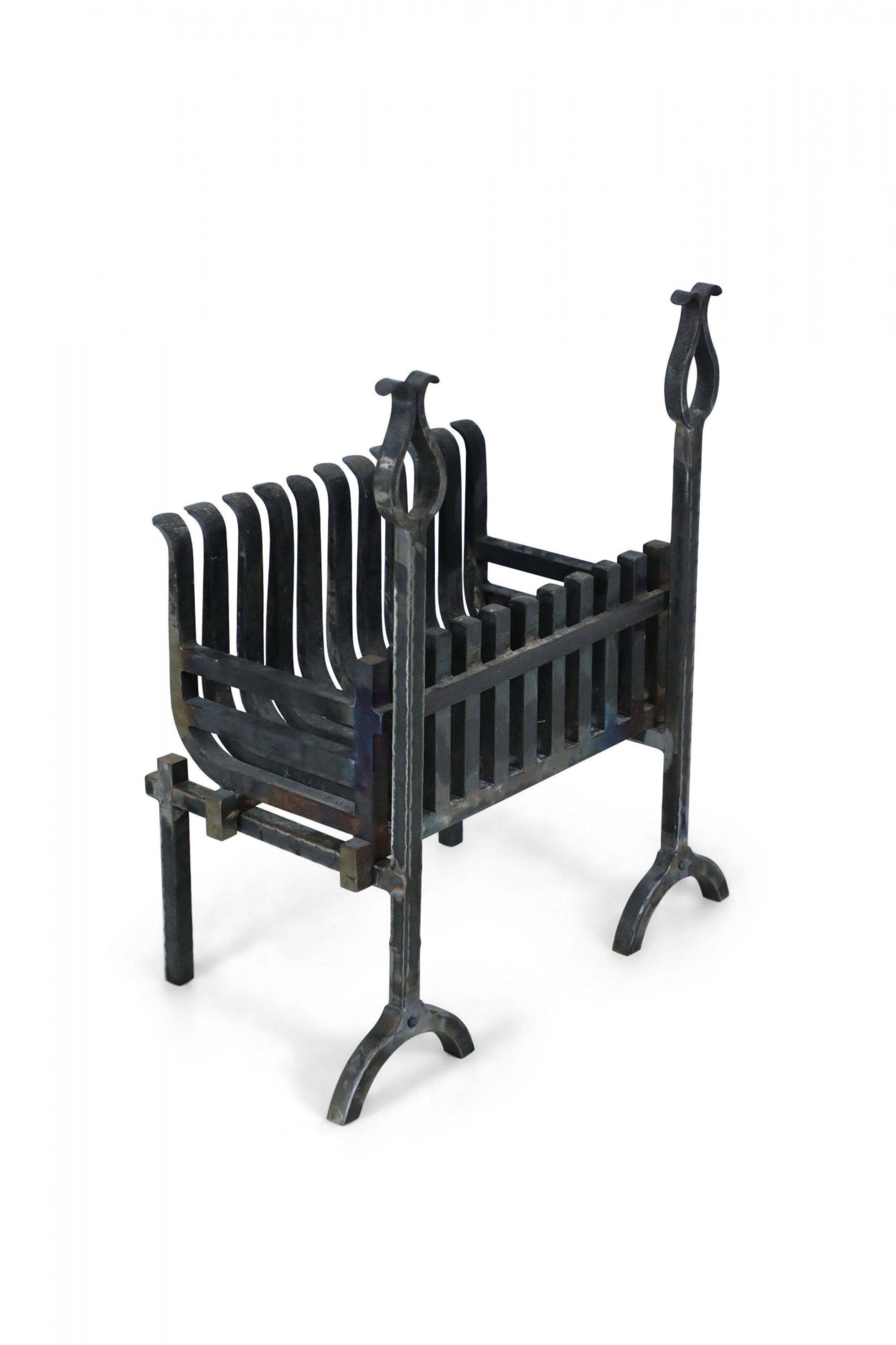 20th Century American Art Deco Iron Fire Grate with Andirons For Sale