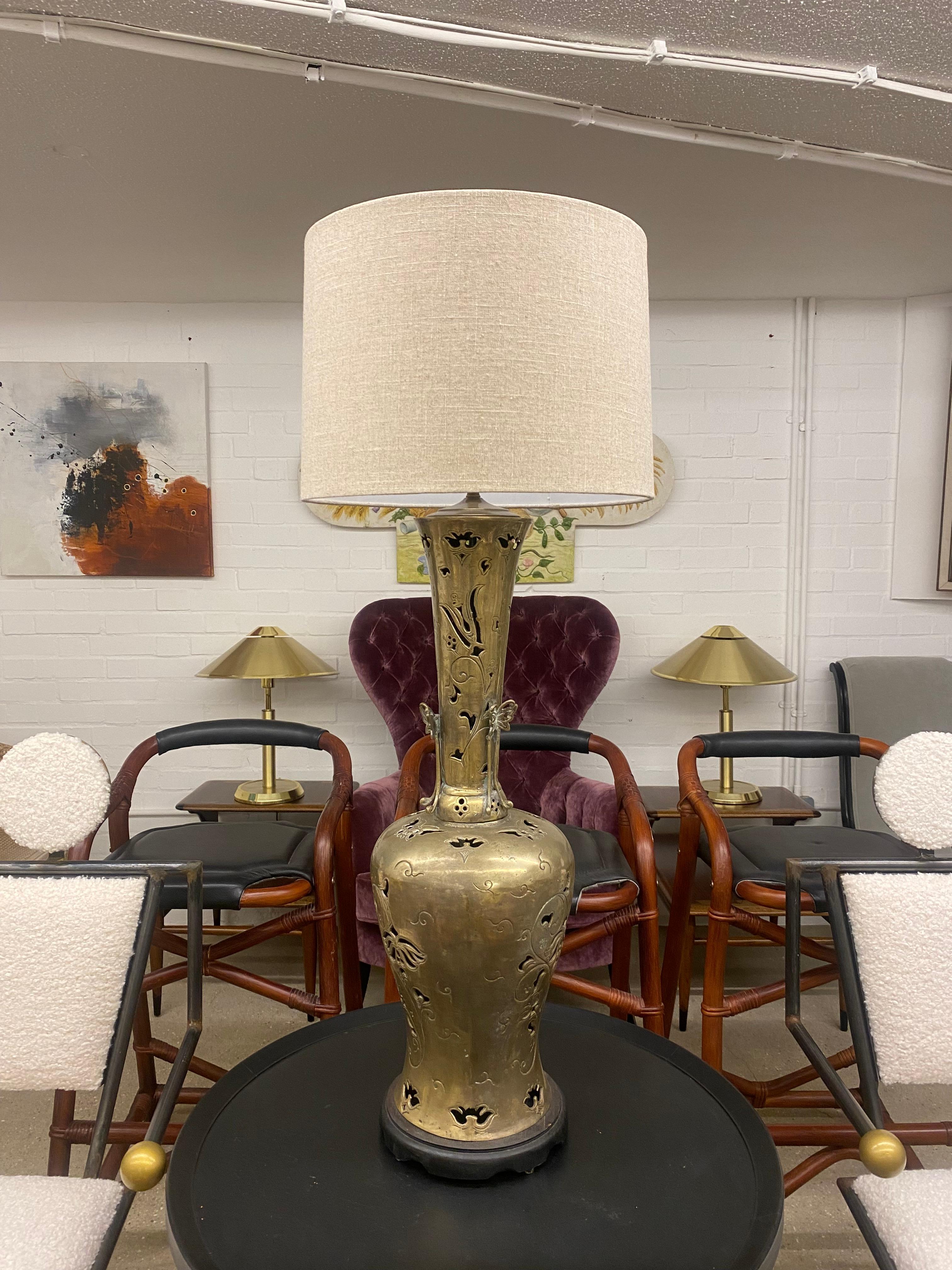 American, Art Deco Large Brass Table Lamp With Organic Carvings For Sale 2