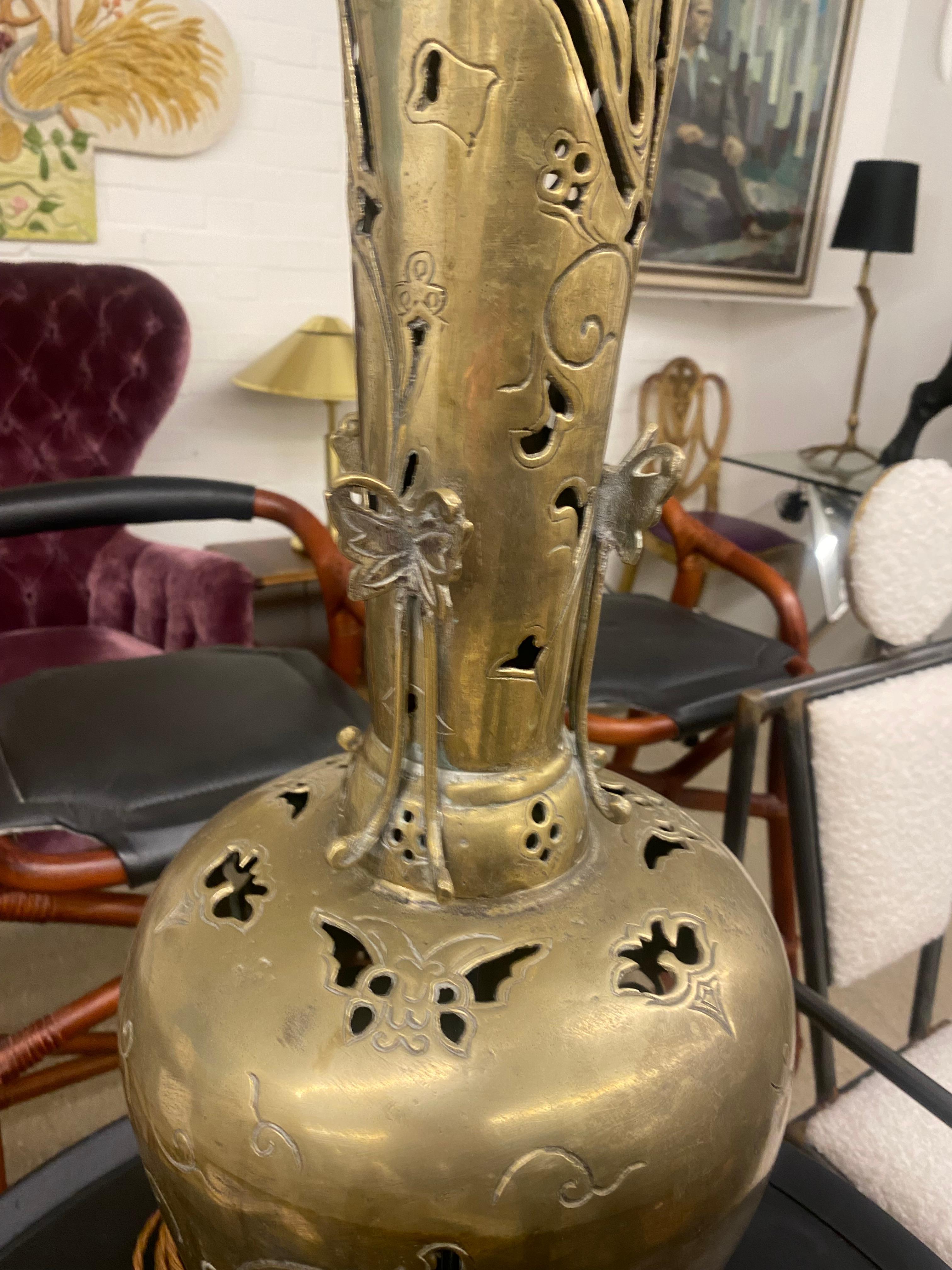 American, Art Deco Large Brass Table Lamp With Organic Carvings For Sale 3