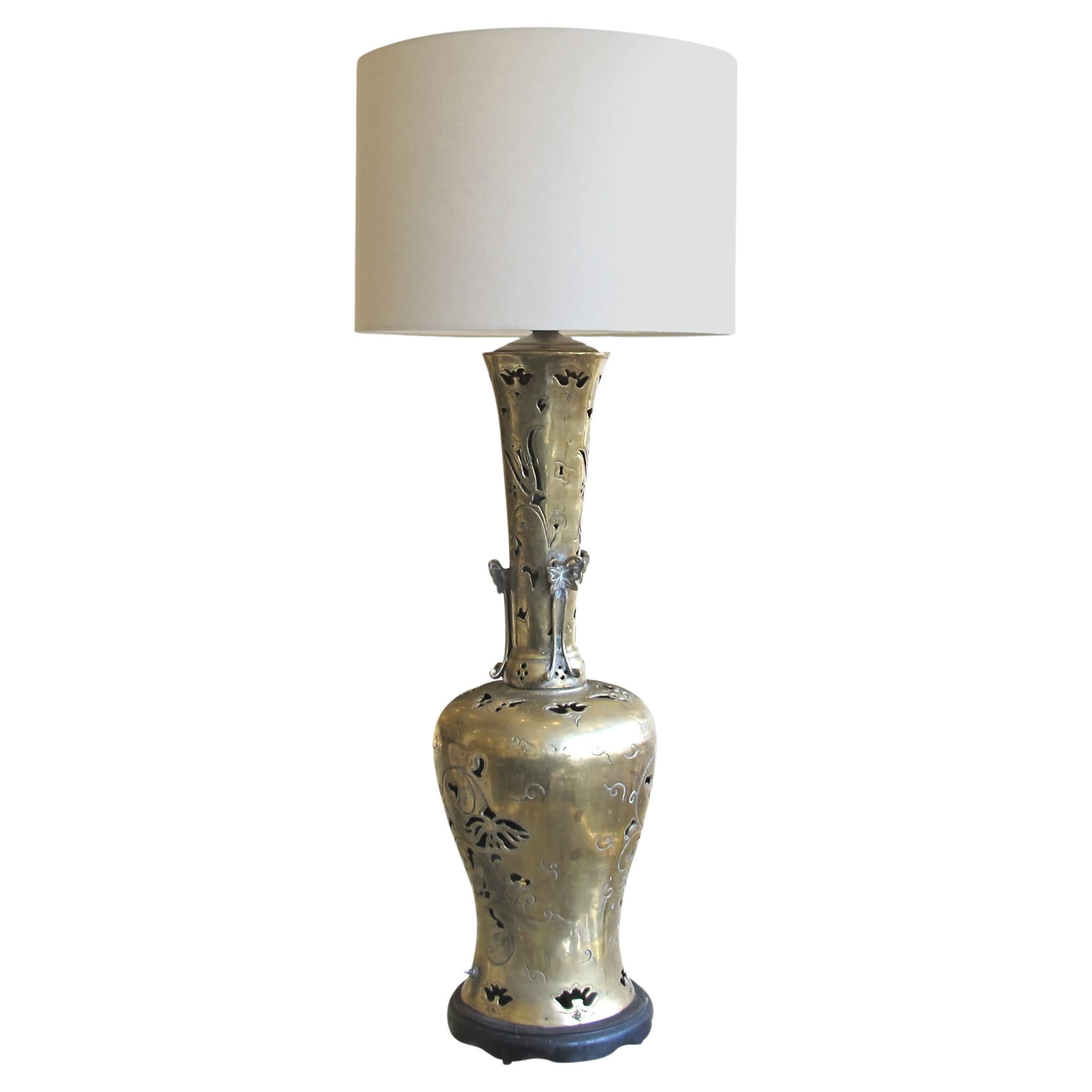 American, Art Deco Large Brass Table Lamp With Organic Carvings For Sale