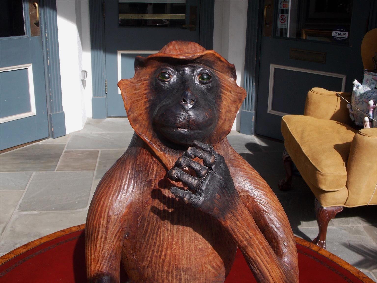 American Art Deco Life-Size Leather Monkey with Green Glass Eyes, 20th Century In Excellent Condition In Hollywood, SC