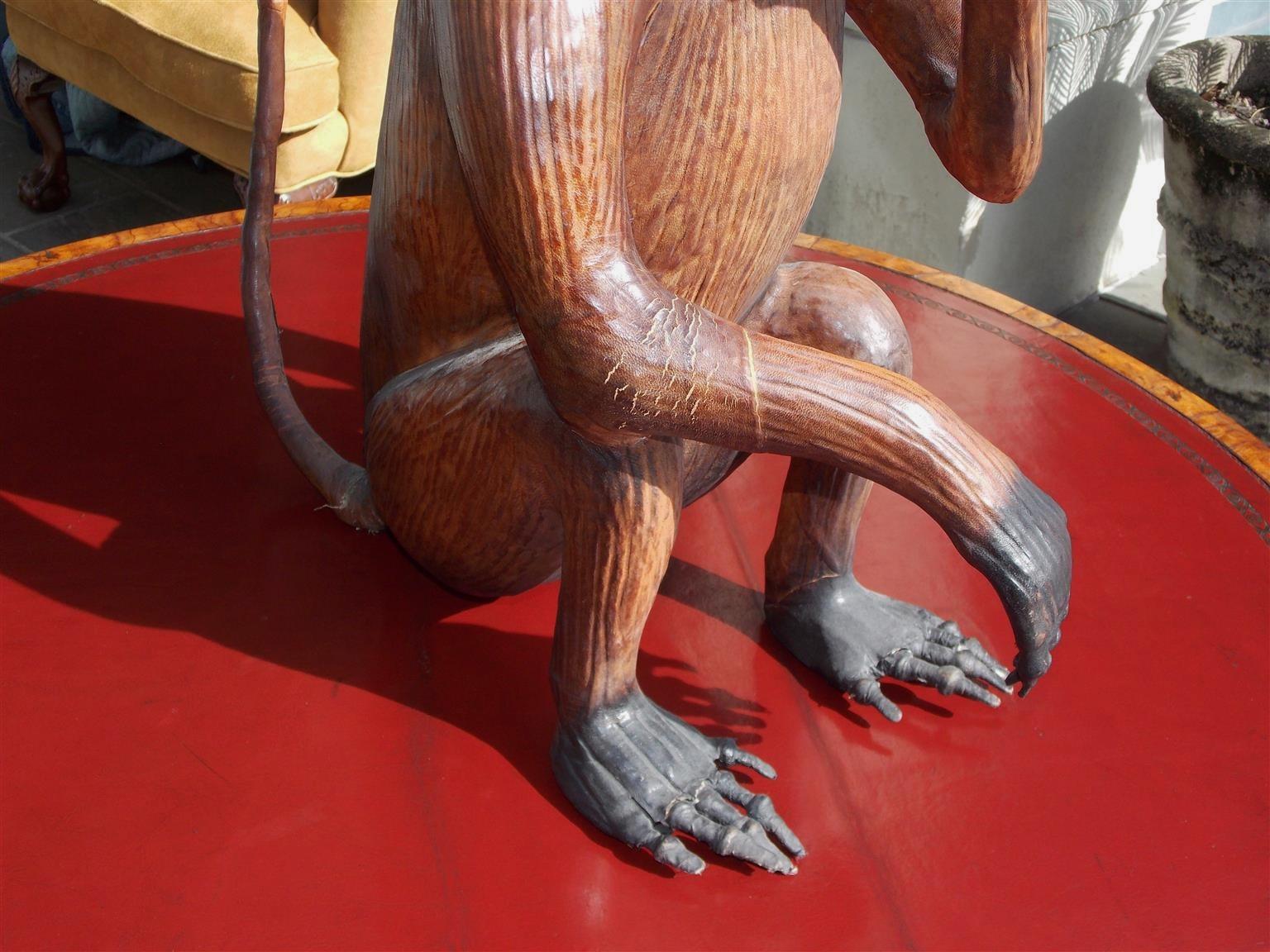 American Art Deco Life-Size Leather Monkey with Green Glass Eyes, 20th Century 1
