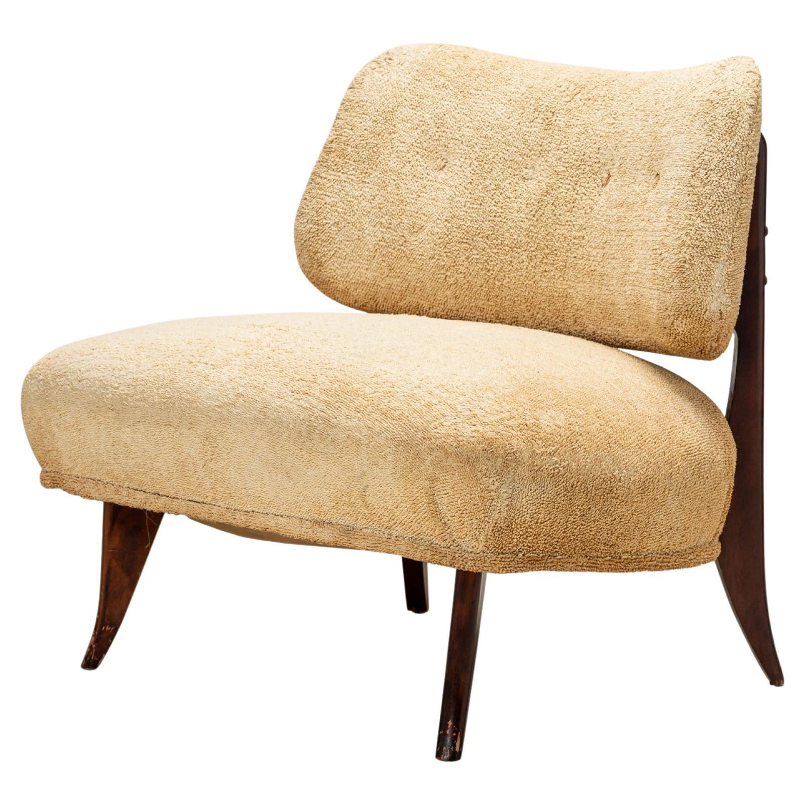 American Art Deco Low Beige Terrycloth Upholstered Slipper Chair For Sale